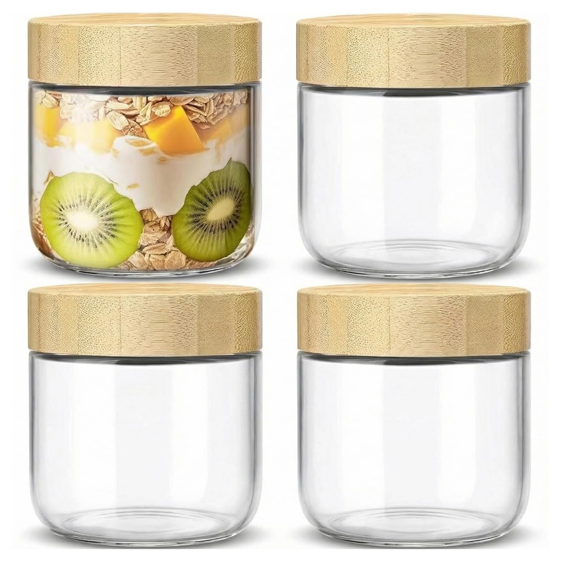 Récipient d'avoine de nuit en verre 10 oz avec couvercle étanche pour yaourt et collation x4