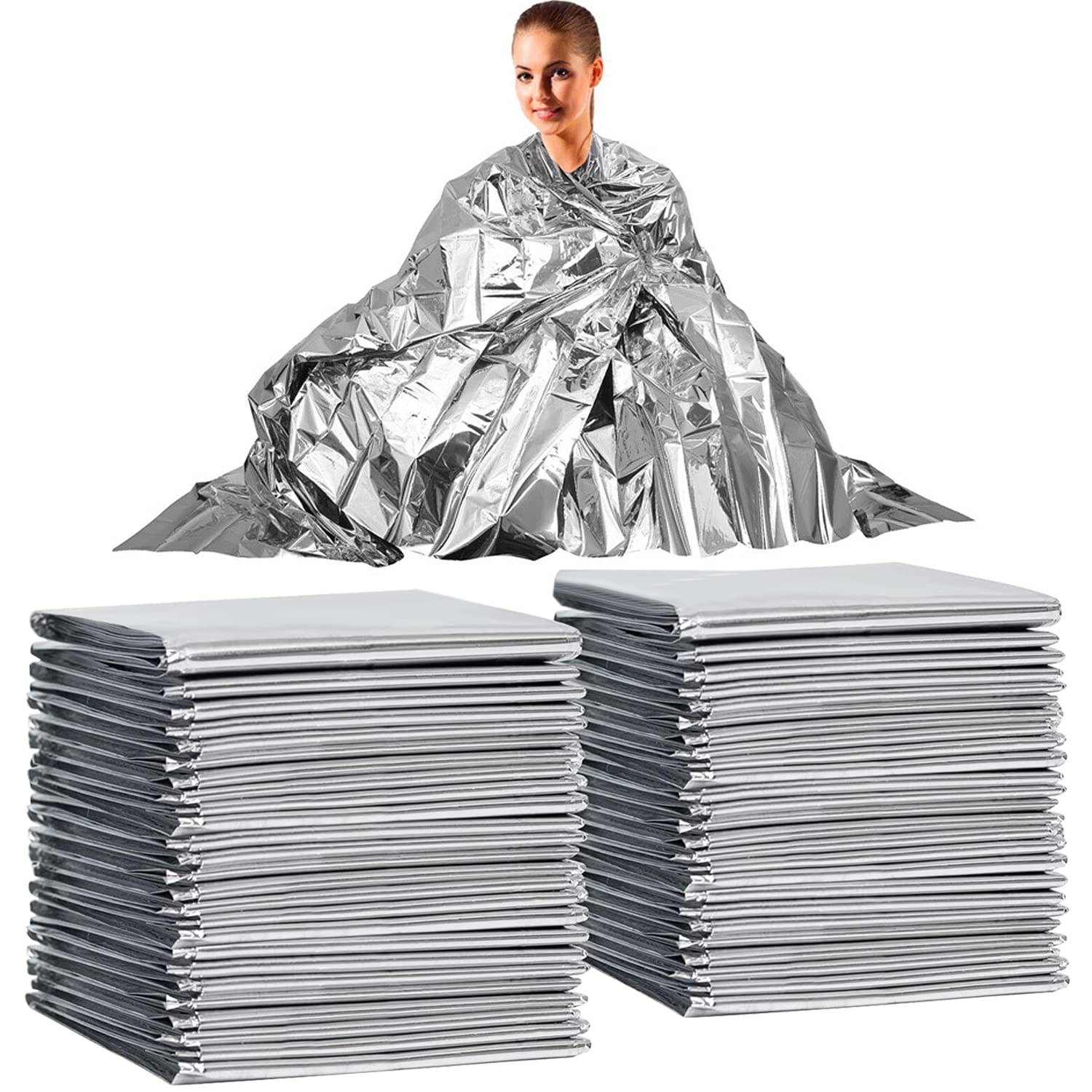 Emergency Blanket, BESUNTEK 20Pack Camping Thermal Blankets, Insulated Thermal Reflective Tarp Survival First Aid Space Foil Blanket for Outdoors,Hiking,Survival & Marathons (20, Silver, 63" × 83")