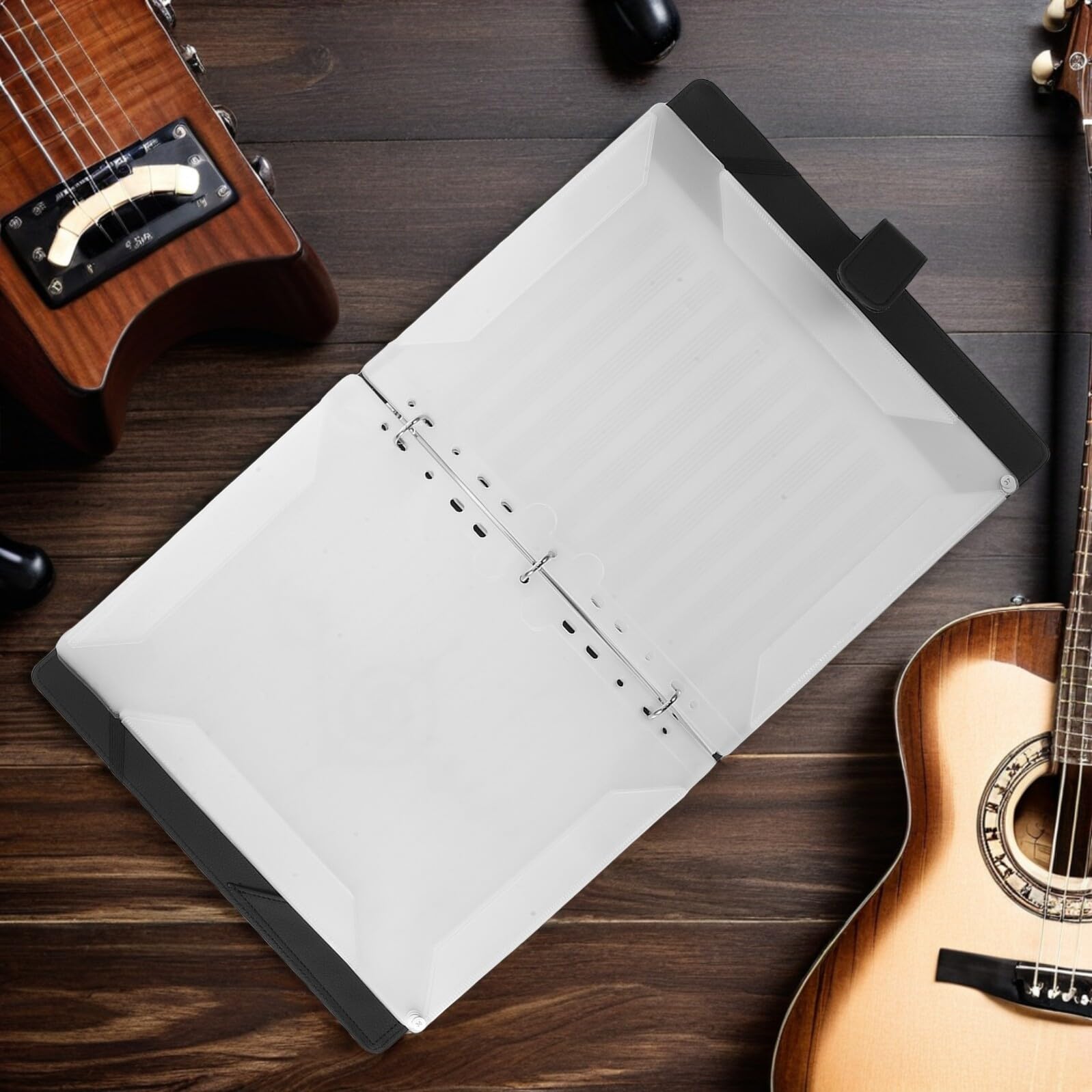 VOSAREA Carpeta de Partituras para Piano y Guitarra, Piel Sintética Negra, 9 Anillas con Páginas Numeradas, Organizador de Hojas Sueltas para Músicos, Carpeta Protectora Almacenamiento