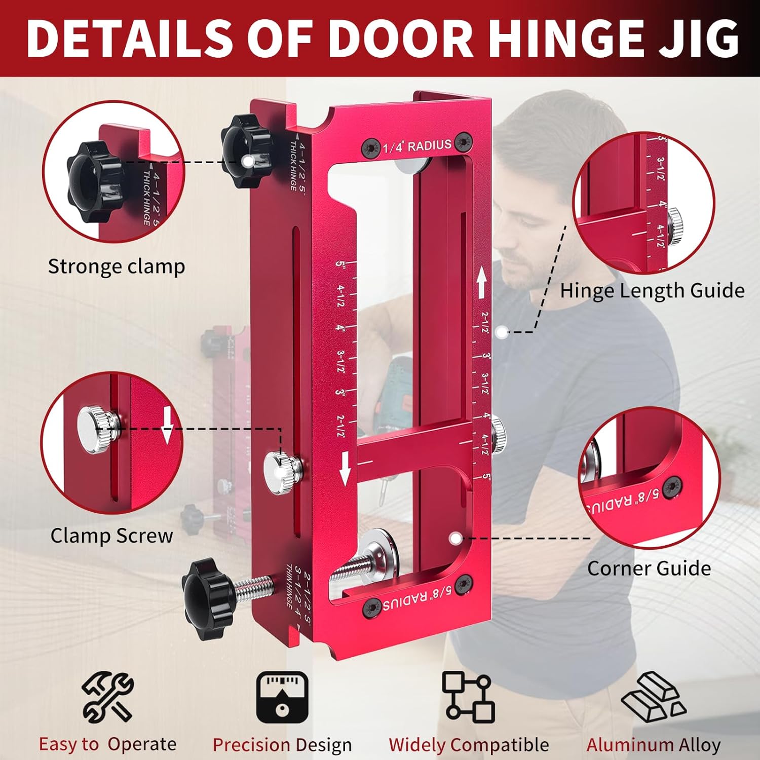 Door Hinge Jig, Aluminum Alloy Door Hinge Router Template Kit, Adjustable Mortise Jig Fits from 2.5" to 5" Length and Thicknesses, 1/4" Radius, 5/8" Radius and Square Corner Types