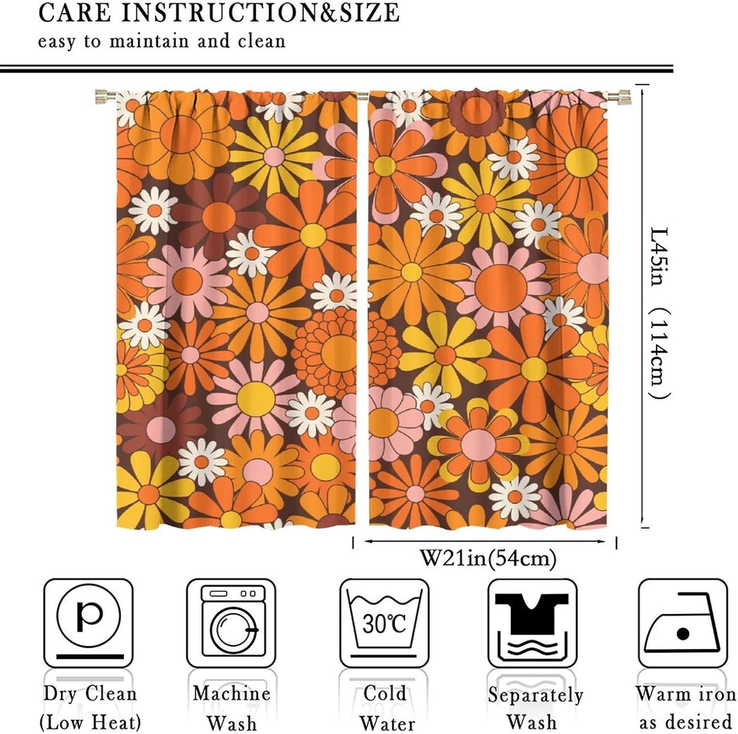 JESTRONRY Retro 70s Boho Floral Kitchen Curtains,Rustic Cute Funky Floral Hippie Vintage Art Room Darkening Door Window Rod Pocket Curtain for Living Room Bedroom 42x45in