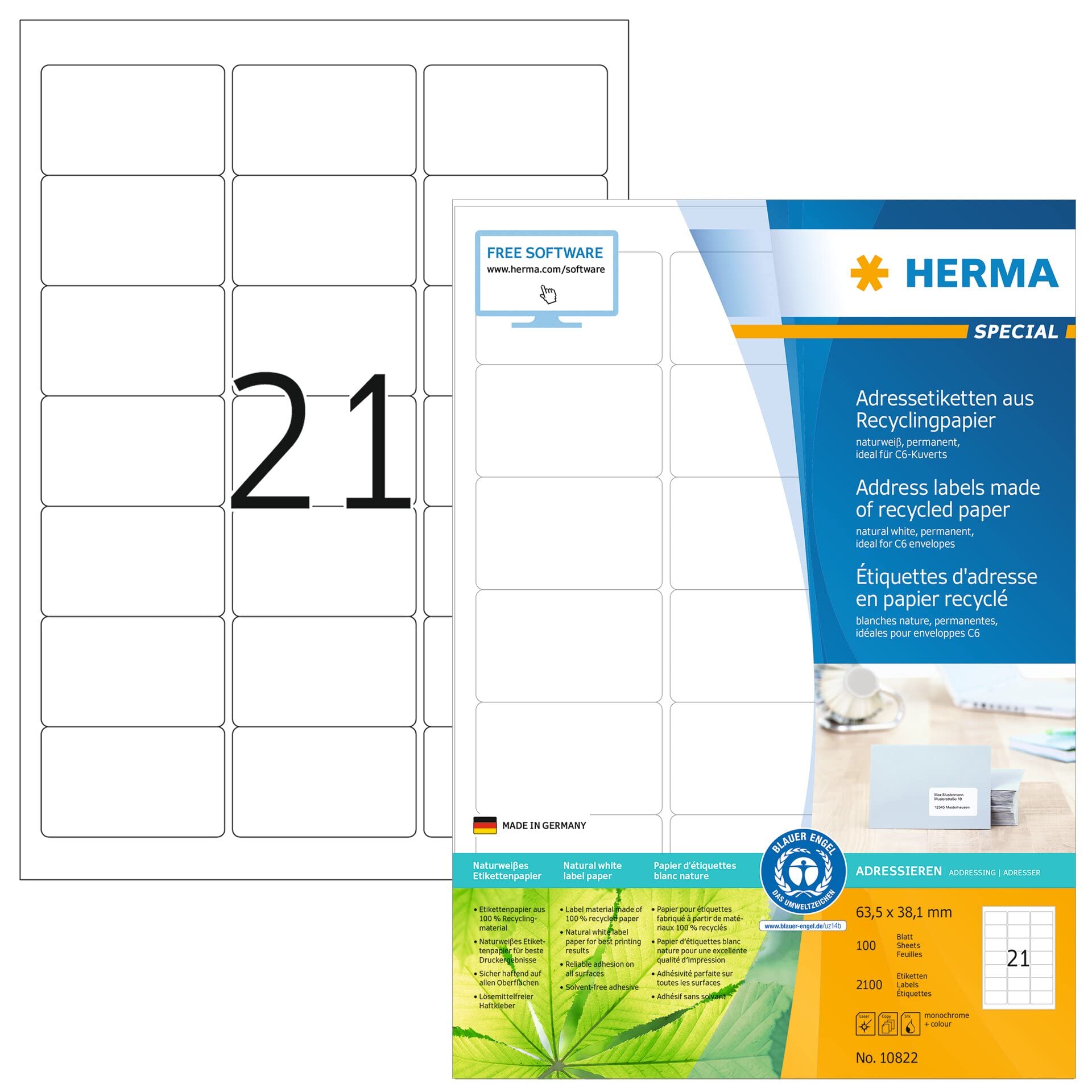 HERMA 10822 Recycling Etiketten DIN A4 (63,5 x 38,1 mm, 100 Blatt, Recycling-Papier) selbstklebend, bedruckbar, permanent haftende Adressaufkleber, 2.100 Klebeetiketten, weiß