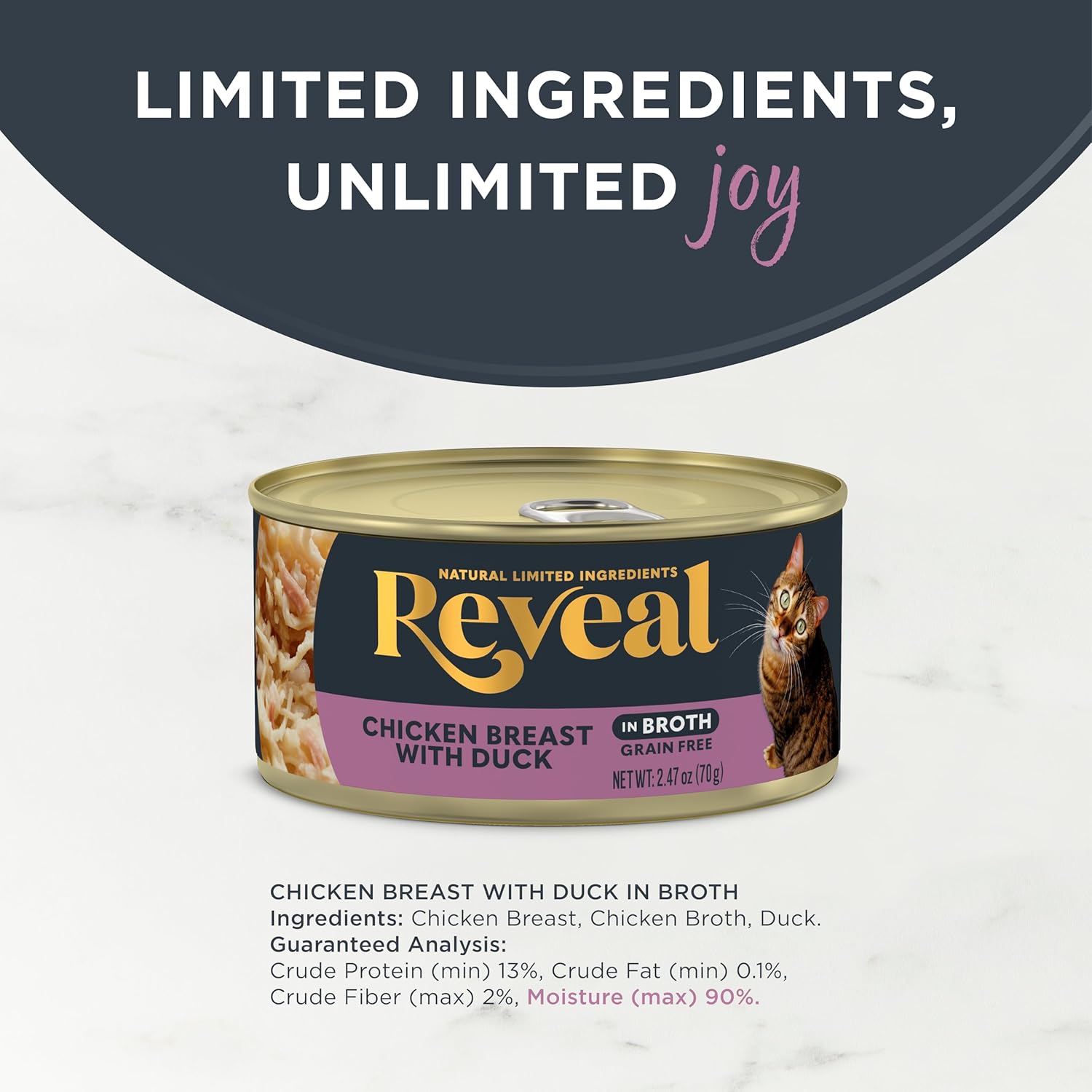 Reveal Natural Wet Canned Cat Food, Limited and Natural Ingredients, Grain Free, High Protein with No Artificial Additives, Chicken Breast with Duck in Broth (24 x 2.47 oz Cans)