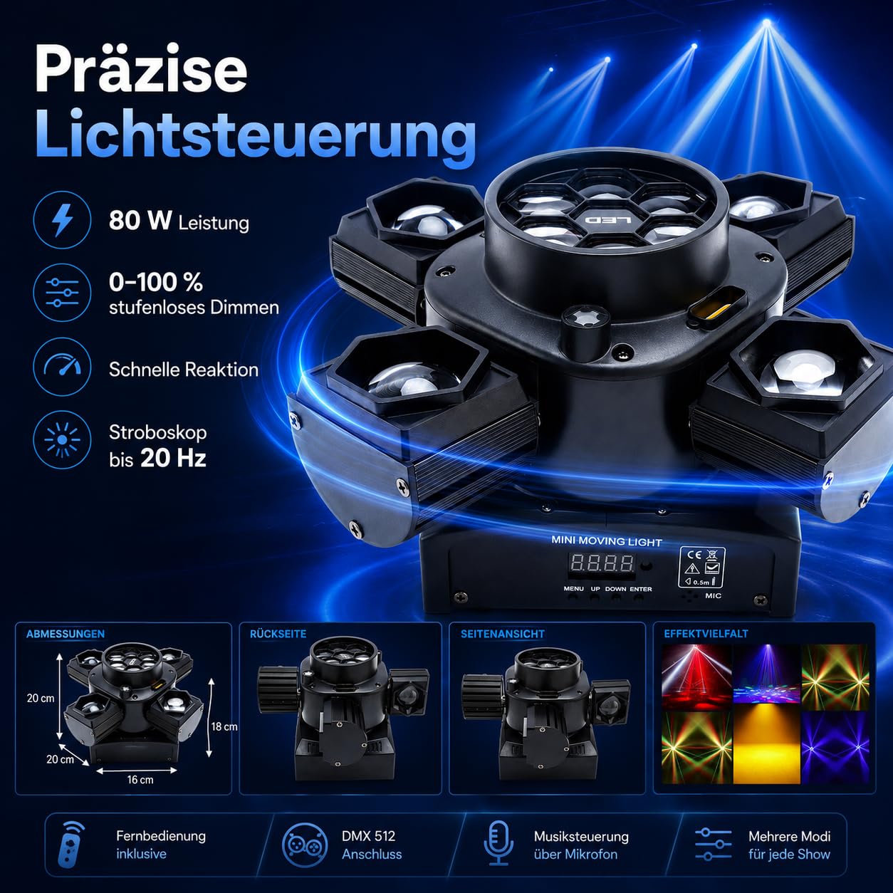 DJ Licht mit 4-in-1 Wirkung,Moving Head Licht with 14 LED-Chips,Prächtige Disco Lichter, für DJ-Events, Partys, Clubs, Hochzeiten und andere Lichtshows