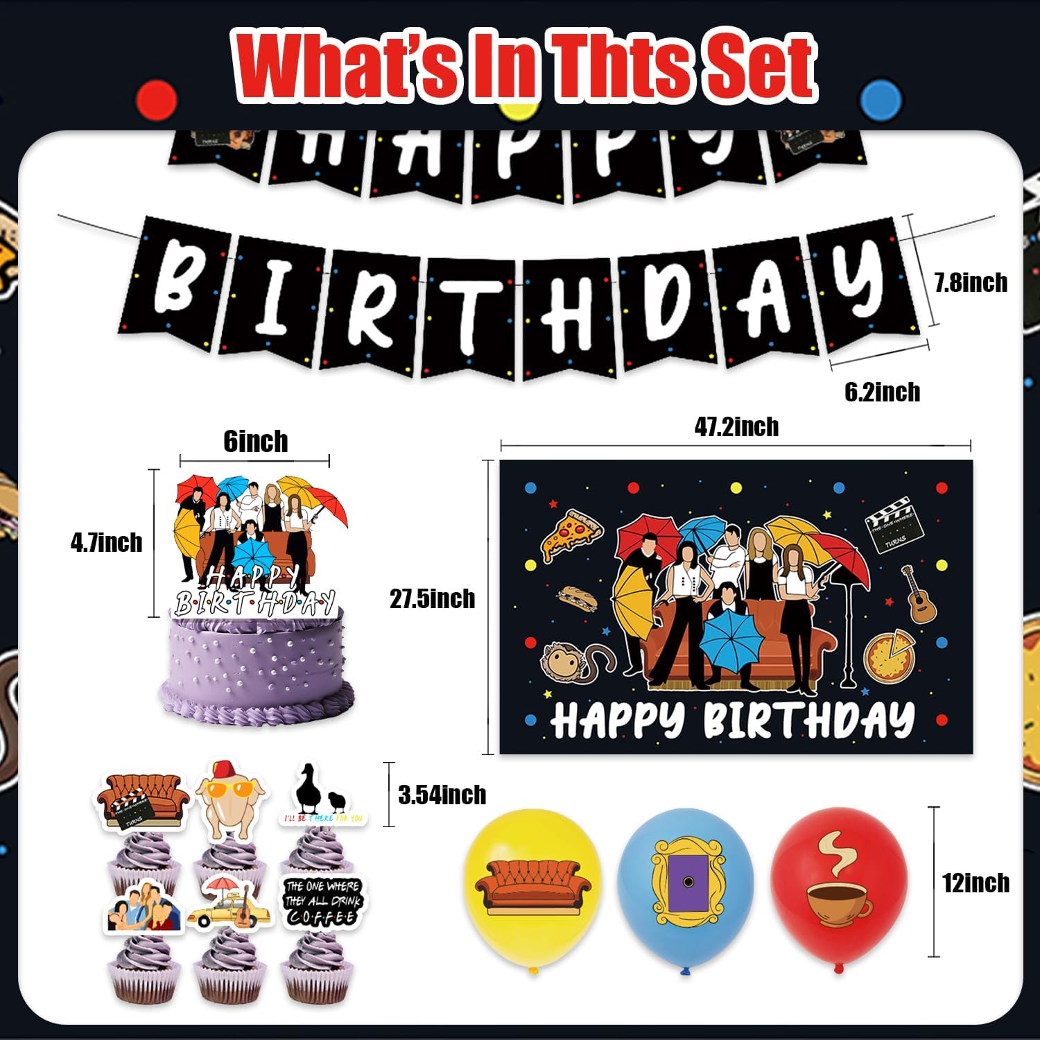 42Pcs Friends Party Supplies Friend Giving Birthday Banner, Cake Toppers, Balloons, Backdrop Decorations Friends Birthday Party Decorations image 2