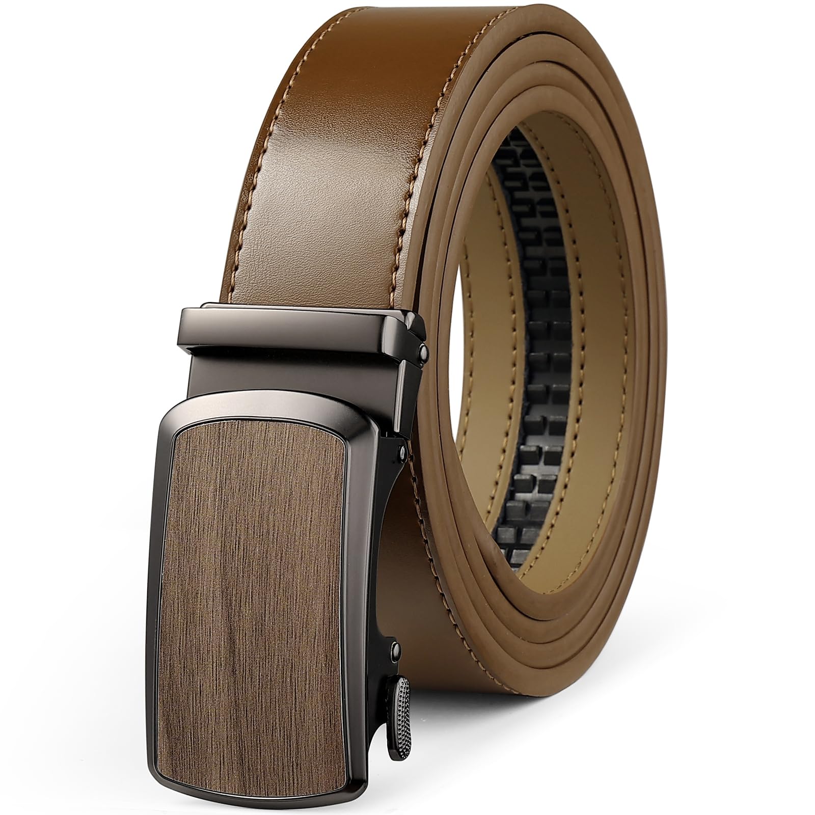 Drowsmen Leather ratchet belt 1 3/8" with Click Sliding Automatic Buckle, Adjustable belt Trim to Fit