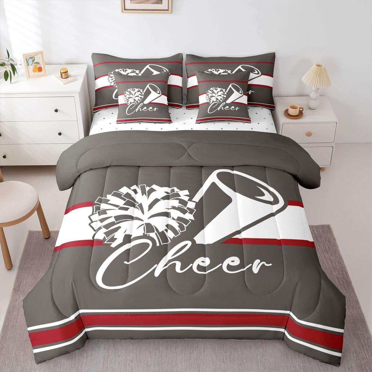 Feelyou Cheer Queen Comforter Set with Sheets for Kids Boys Girls Cheerleader 7 Pieces Bedding Set Sport Cheerleading Team Bed in a Bag Black Red Room Decor Soft Lightweight Microfiber