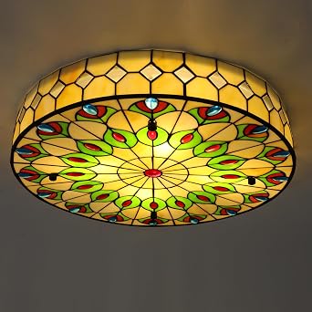 Tiffany-Style Flush Mount Ceiling Light Vintage Stained Glass Ceiling Light Fixtures Warm Cold Adjustable Light Colorful Round Retro Classic Design for Living Room Bedroom Kitchen 19.7 Ceiling