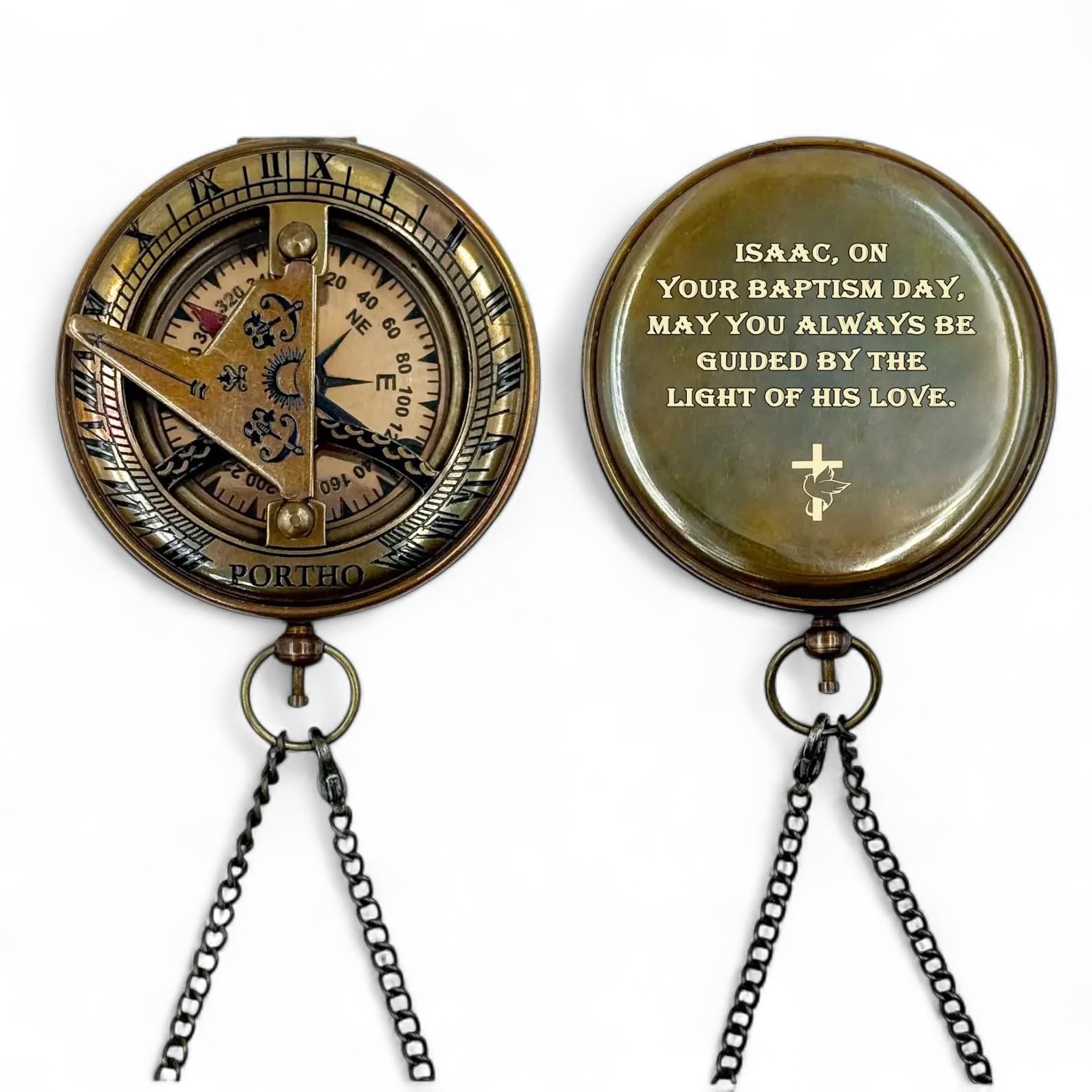 Personalised Sundial Compass – Vintage Nautical Pocket Compass with Chain, Bronze Finish Keepsake Gift for Baptism, Christening, Confirmation, Communion (Bronze Finish)