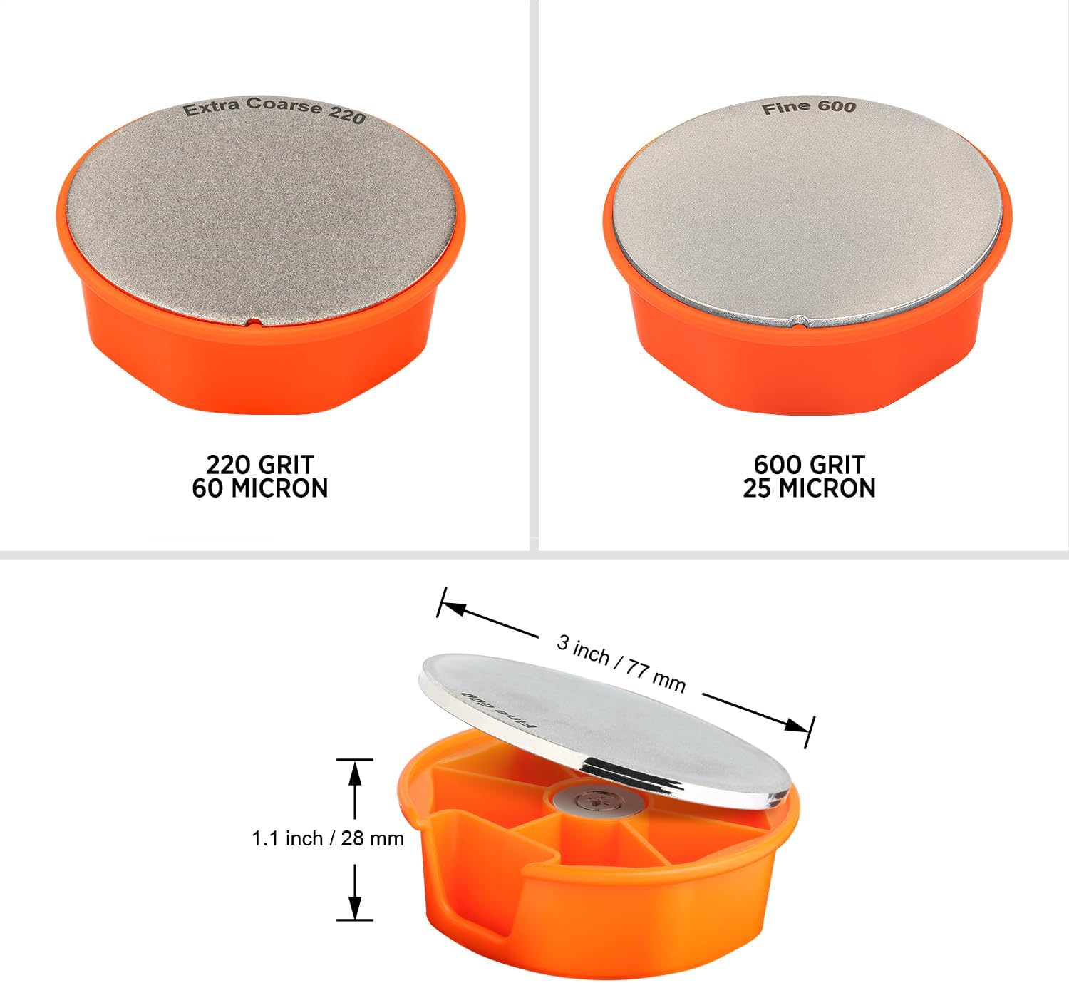 Close-up view of the SHARPAL 216N showing both the 220 grit and 600 grit sides, along with product dimensions.