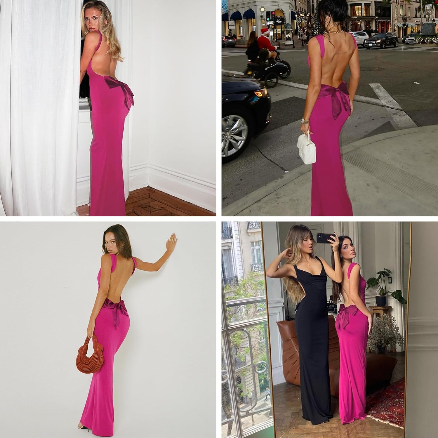 RARITYUS Women’s Elegant Satin Bow Maxi Dress Sexy Cowl Neck Backless Wedding Guest Dress Cocktail Party Evening Gown