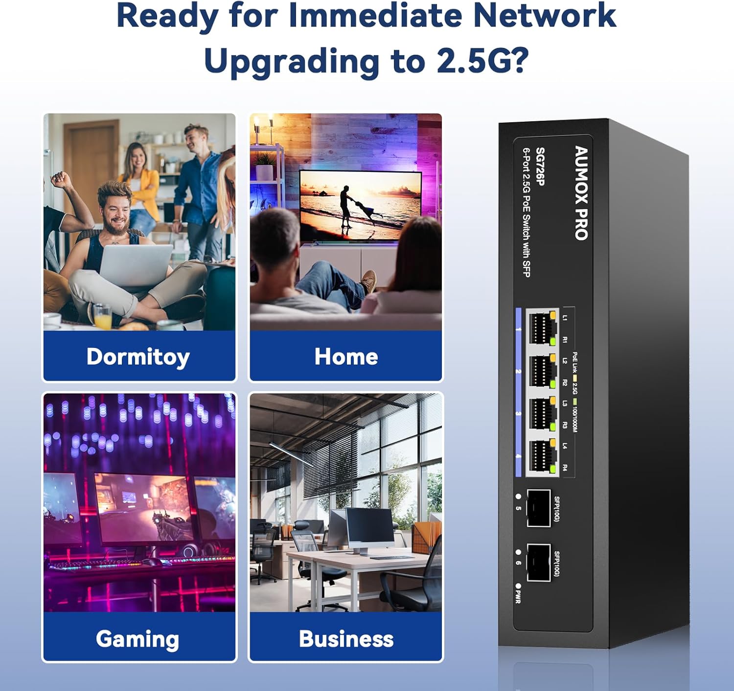 6 Port 2.5G PoE Switch,AUMOX PRO 4 Port 2.5G Network Unmanaged Switch with 2x10G SFP Gigabit Ethernet Unmanaged PoE Switch 75W,Compatible with 100/1000/2500Mbps Plug and Play