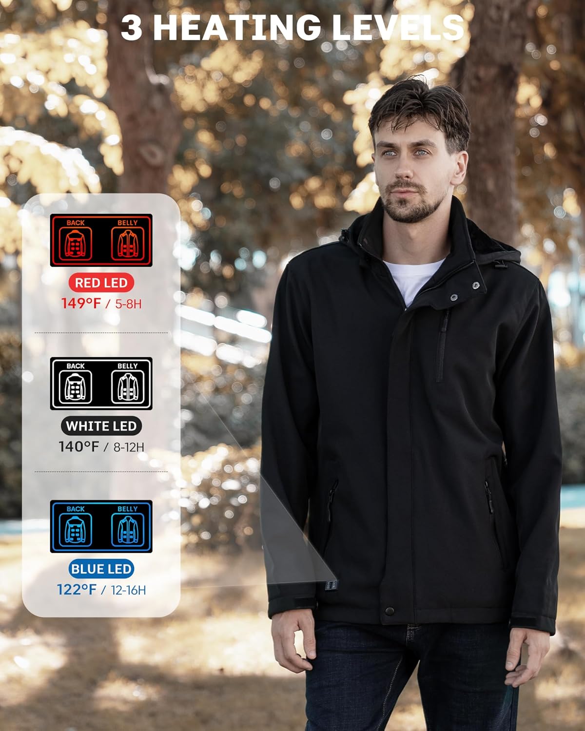 Heated Jacket for Men, Winter Heating Coat Men's Outdoor Coat with Detachable Hood - Image 2