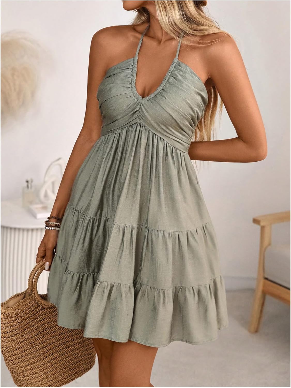 SOLY HUX Women's Summer Mini Dress Halter Backless Sleeveless A Line Ruffle Hem Flowy Cami Dresses Sundress - Image 3