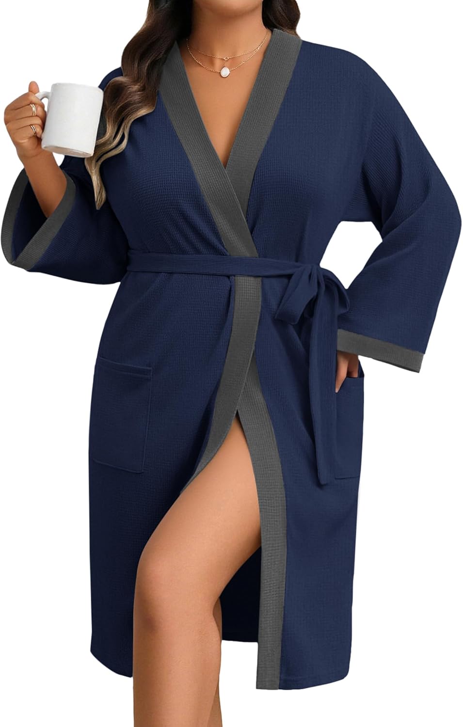 Ekouaer Plus Size Robe for Women Waffle Knit Bathrobe Short Lightweight Kimono Robes with Pockets Maternity Robe S-XXL