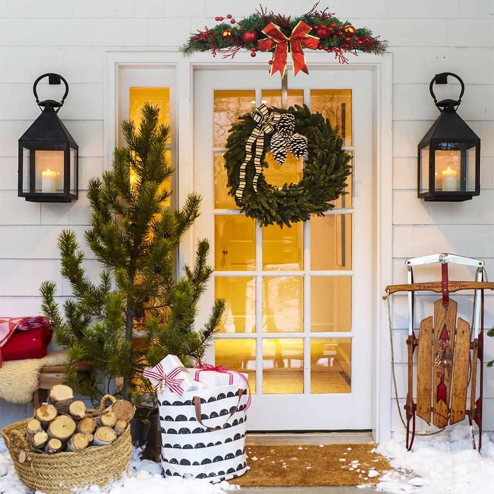 Artificial Christmas Swag Decoration 31 Inch with Ribbon Bow and Red Berries Greenery Christmas Swag Xmas Door Swag for Wall Door Lintel Festival Decor Front Door Window