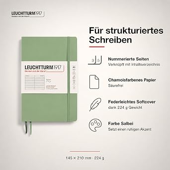 LEUCHTTURM1917 - Notebook Softcover Medium A5-123 Numbered Pages for Writing and Journaling (Ruled, Sage)