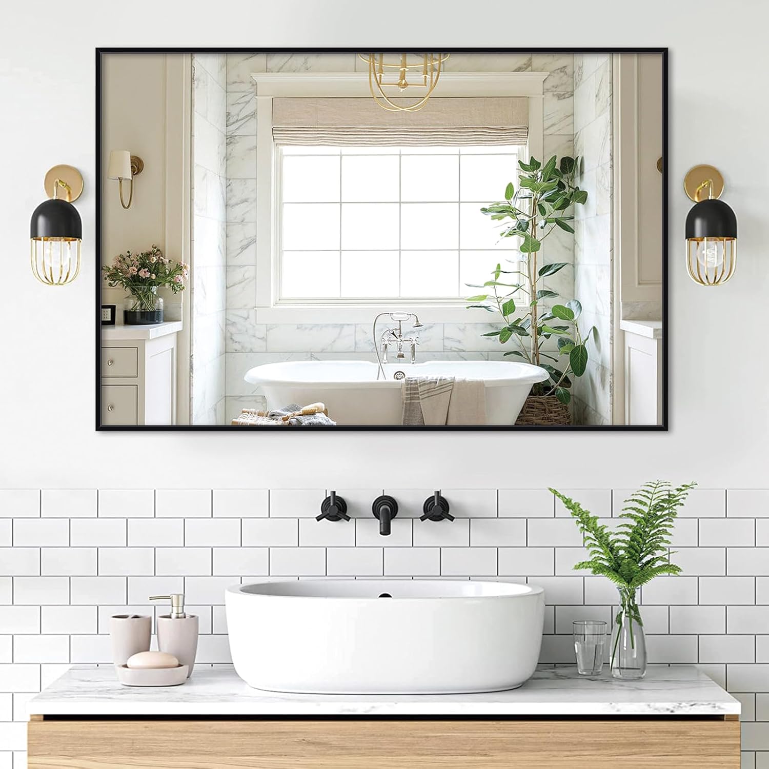 Mersviton 32 x 48 Inch Black Metal Framed Bathroom Mirror