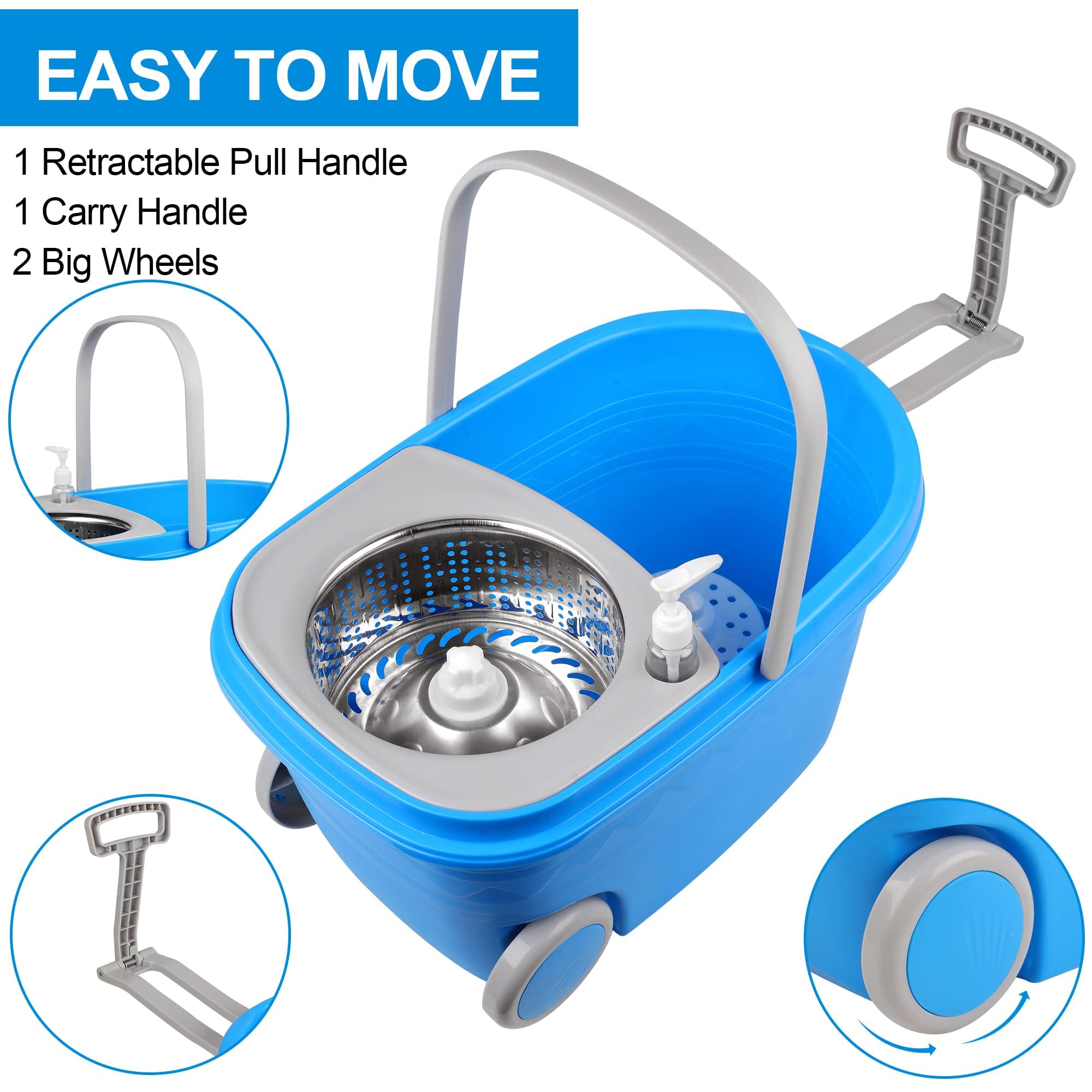 Juego de fregona y cubeta con escurridor, 3 almohadillas de microfibra lavables incluidas para la limpieza del suelo, mango de acero inoxidable ajustable, fácil de mover con ruedas, azul/gris