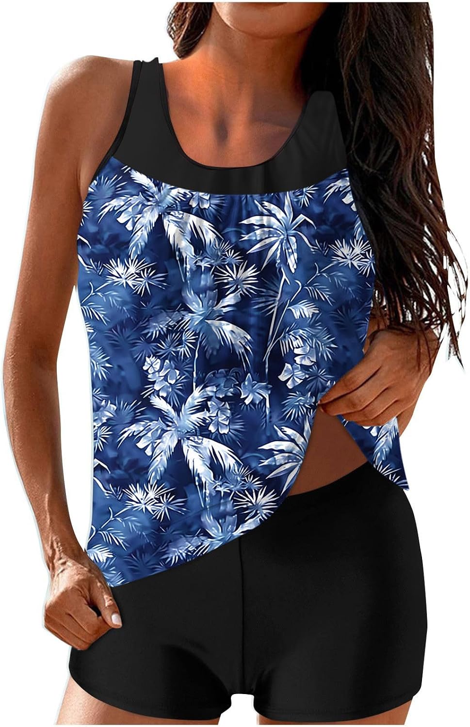 Womens Tummy Control Tankini Swimwear Modest Bathing Suit Print Hawaiian Blouson Swimsuits with Boyshorts