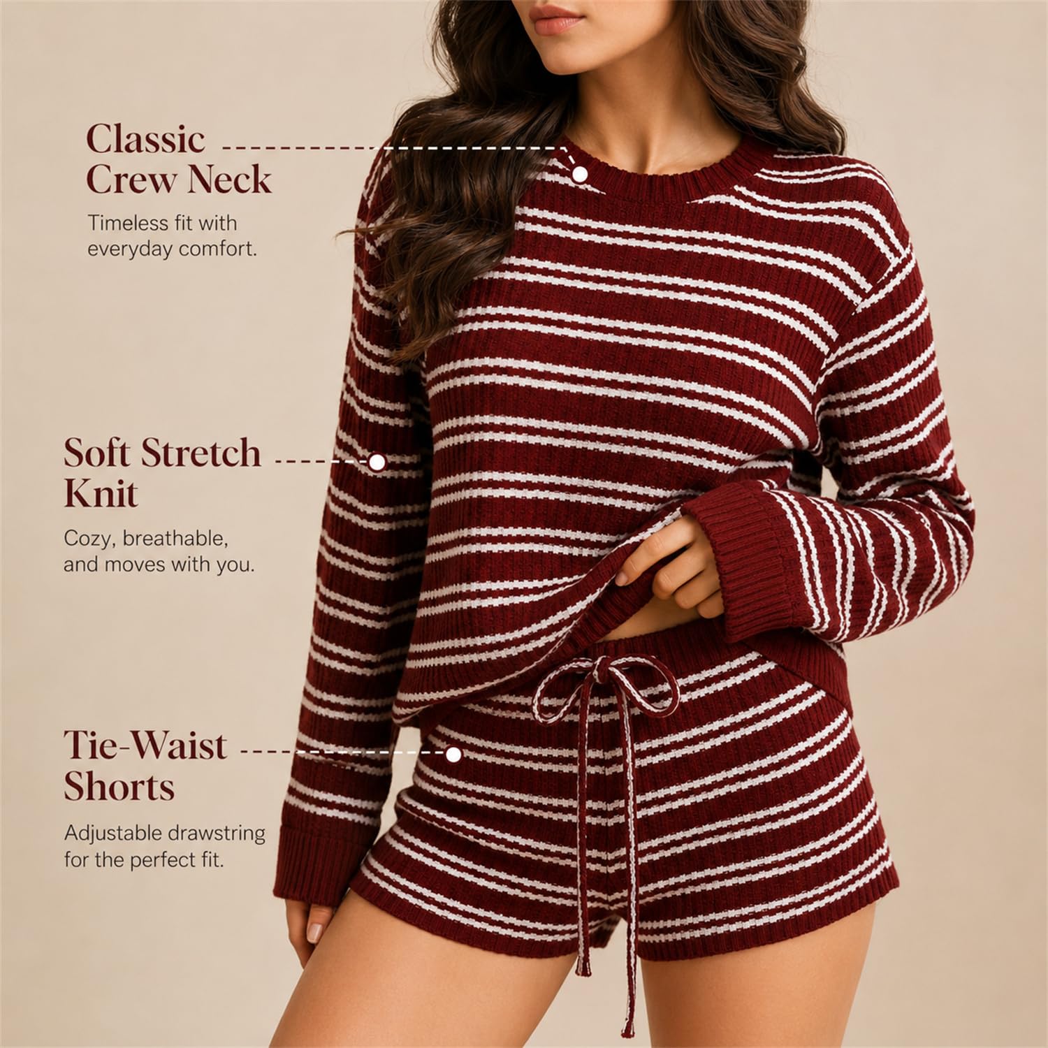 Completo casual da donna in maglia a righe con maglia a maniche lunghe e