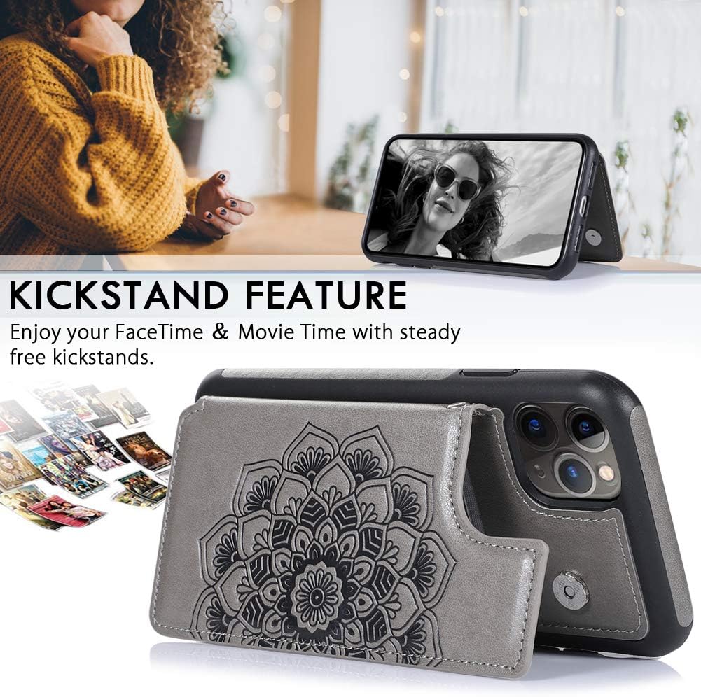 CASEOWL iPhone 11 Pro Max Case,Wallet Case with Card Holder,RFID Blocking,Kick Stand,Wrist Strap,Fit Magnetic Car Mount,Mandala Embossed Leather Back Flip Cover Case for iPhone 11 Pro Max(2019),Gray