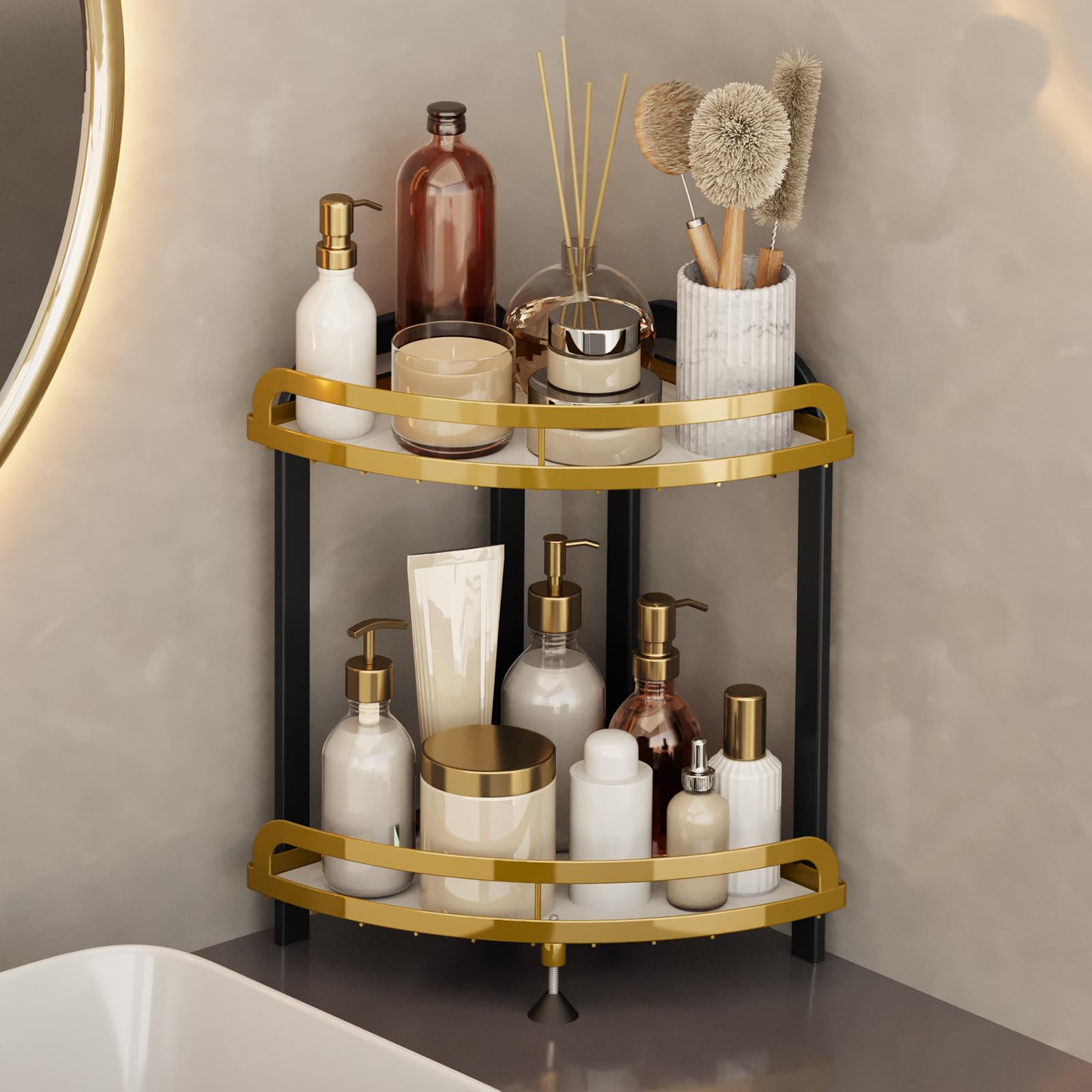 ANTOLE Bathroom Organizer Countertop,2-Tier Standing Metal Bathroom Counter Shelf Organizer,Corner Shelf Spice Rack Organizer for Kitchen Counter Shelf, Dresser Organizer for Bedroom (Gold)