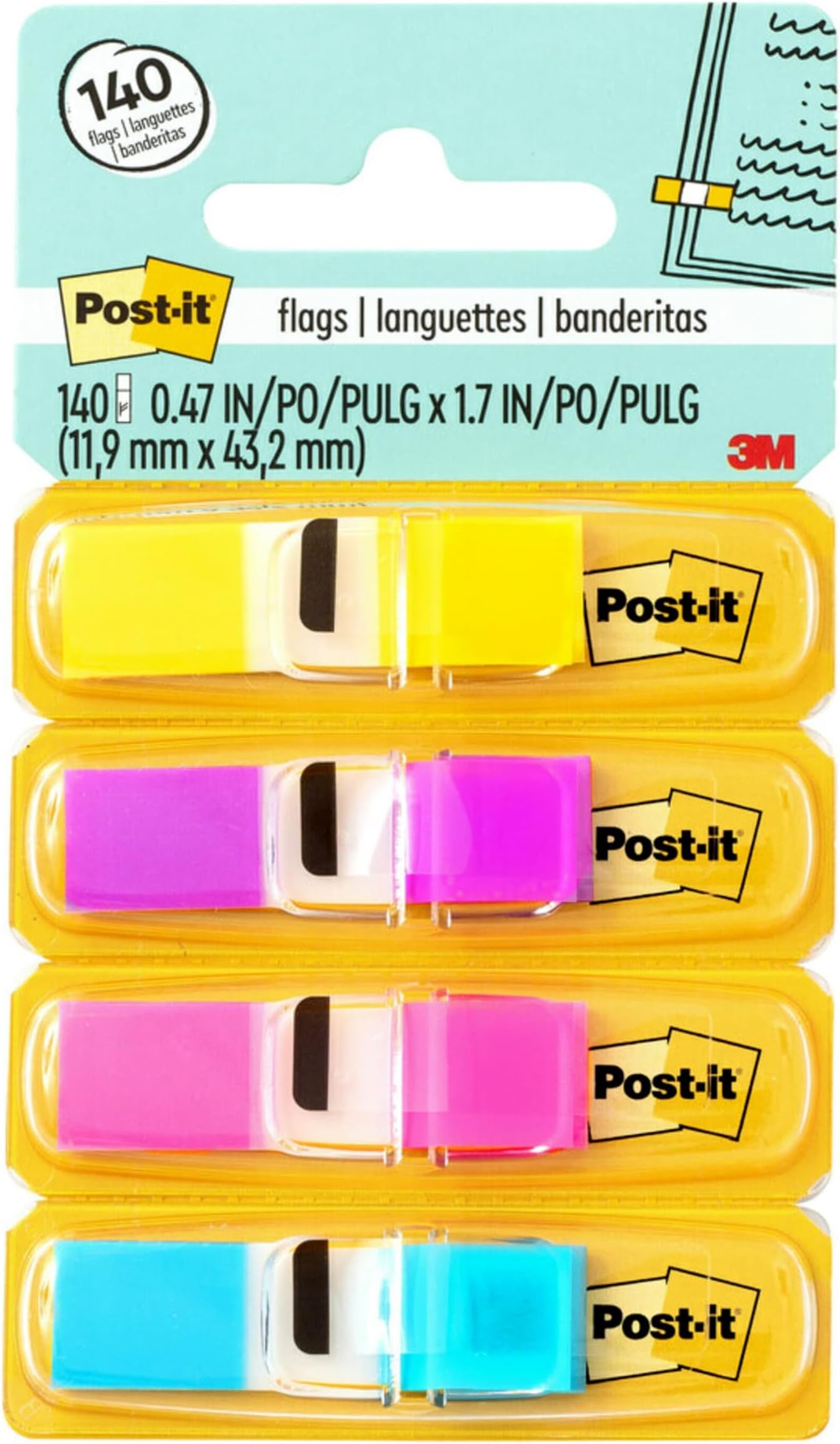 Post-it Index Small Flags, Pack of 4 Dispensers, 35 Flags per Dispenser,11.9 mm x 43.2 mm, Yellow, Purple, Pink, Blue Color - to Mark, Highlight or Color Code Important Information