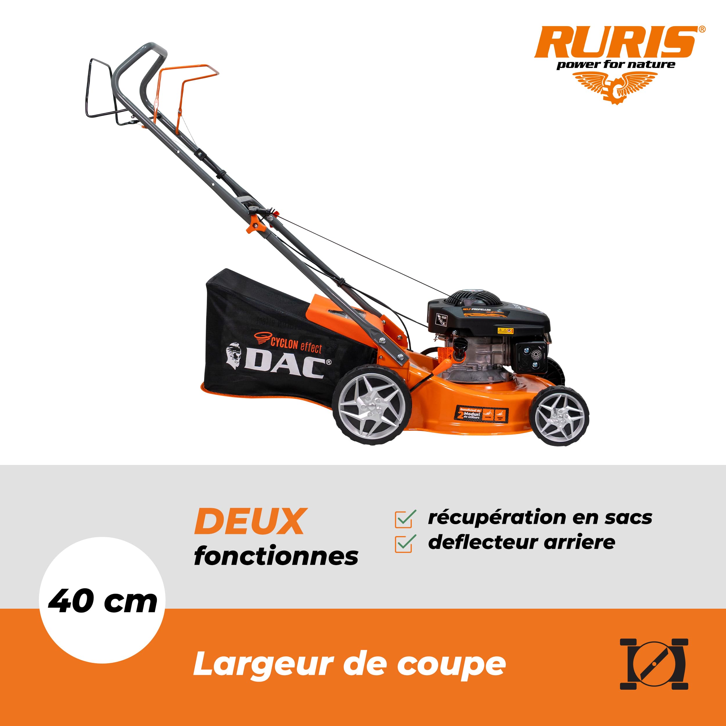 RURIS DAC 110XLS Termiczna kosiarka spalinowa, silnik 3,3 KM, 131 cm³, szerokość cięcia 400 mm, regulowana wysokość 25-65 mm, kosz 45 l, wyrzut tylny, metalowa rama