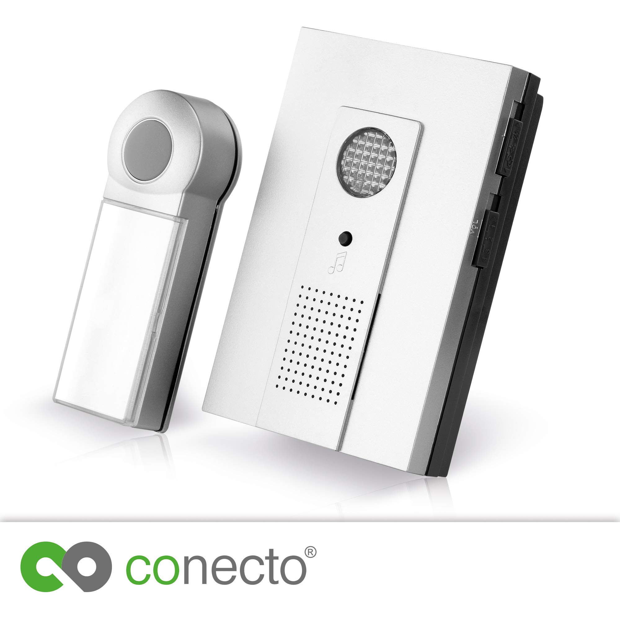 conecto Juego de Timbre inalámbrico, pulsador y Timbre, Alcance de 100 Metros, 16 Tonos de Llamada, inalámbrico, Funciona con Pilas, Plateado