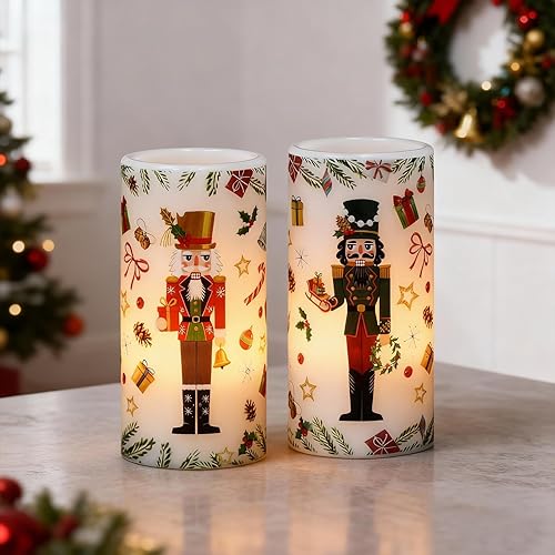 Miniatura 4 de Velas de pilar sin llama de cascanueces de Navidad con temporizador remoto, velas LED en soporte de cera real, vela a pilas para decoración de