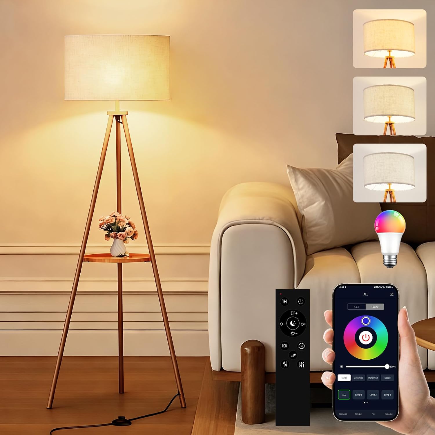 58.3" Mid-Century Tripod Floor Lamp with Shelf, Hidden Wiring, RGB Dimmable Bulb Included, Remote & App Control, Iron Corner Standing Lamp with Linen Shade for Living Room Bedroom