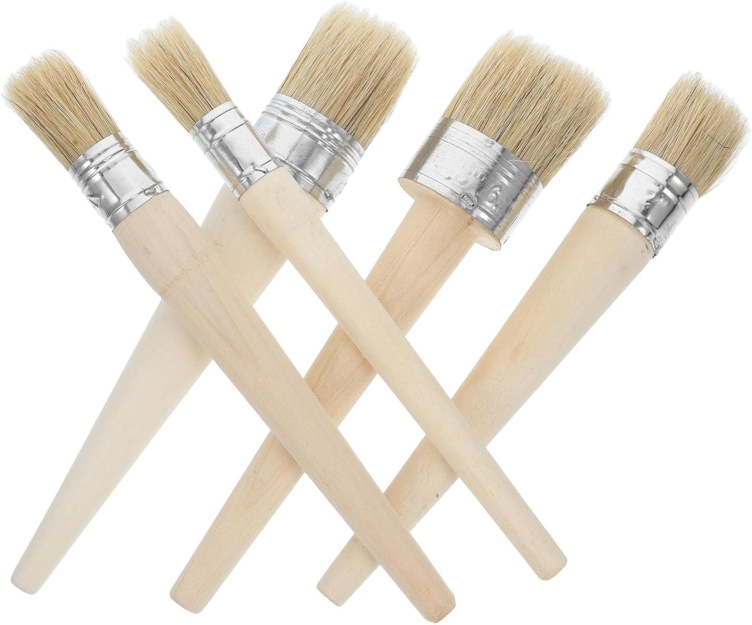 5pcs Round Paint Brushes Set Natural Boar Bristles, Wood Handle Decorative Paint and Wax Application Brushes for Furniture, Stencils, and DIY Painting Projects