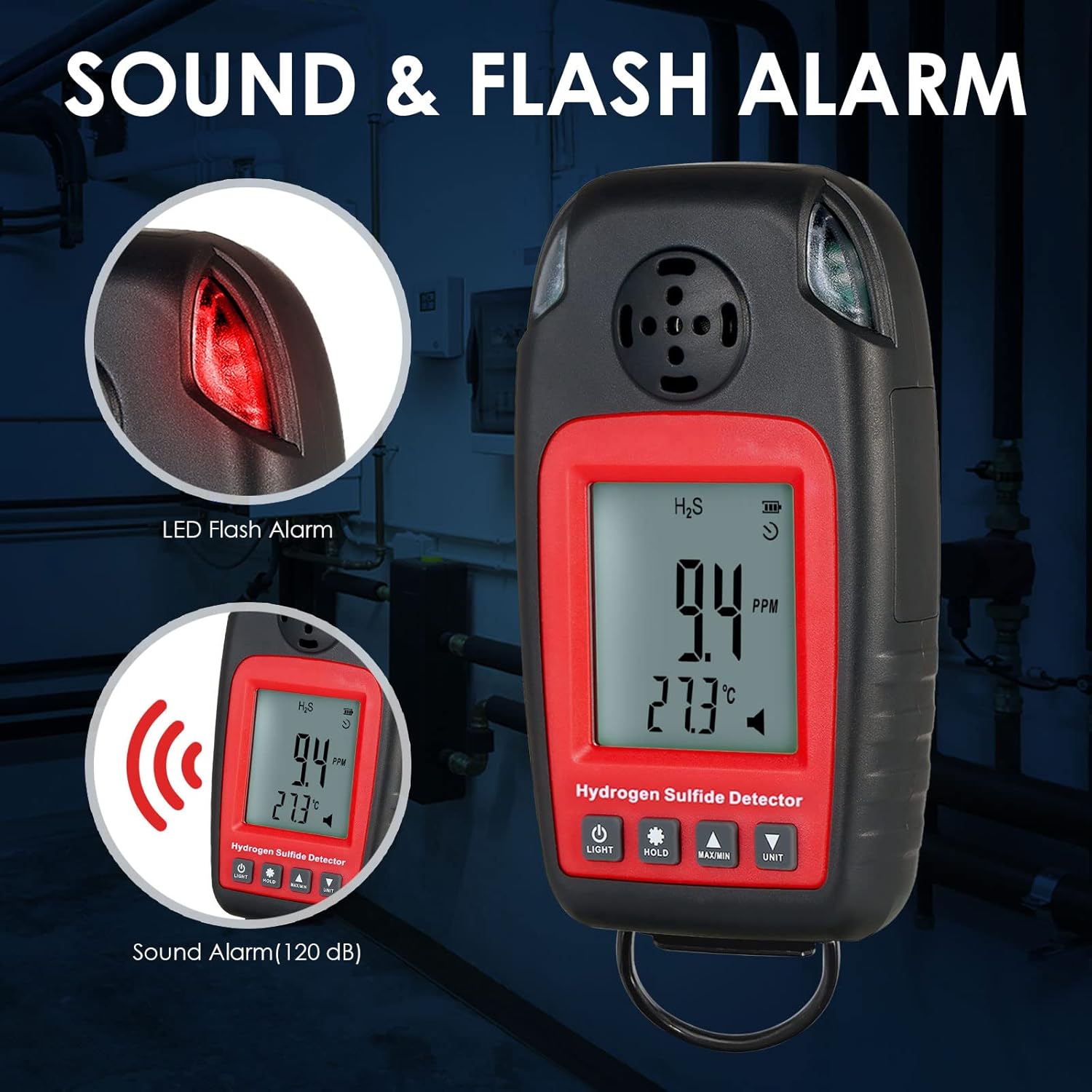 DANOPLUS H2S Monitor showing sound and flash alarm features.