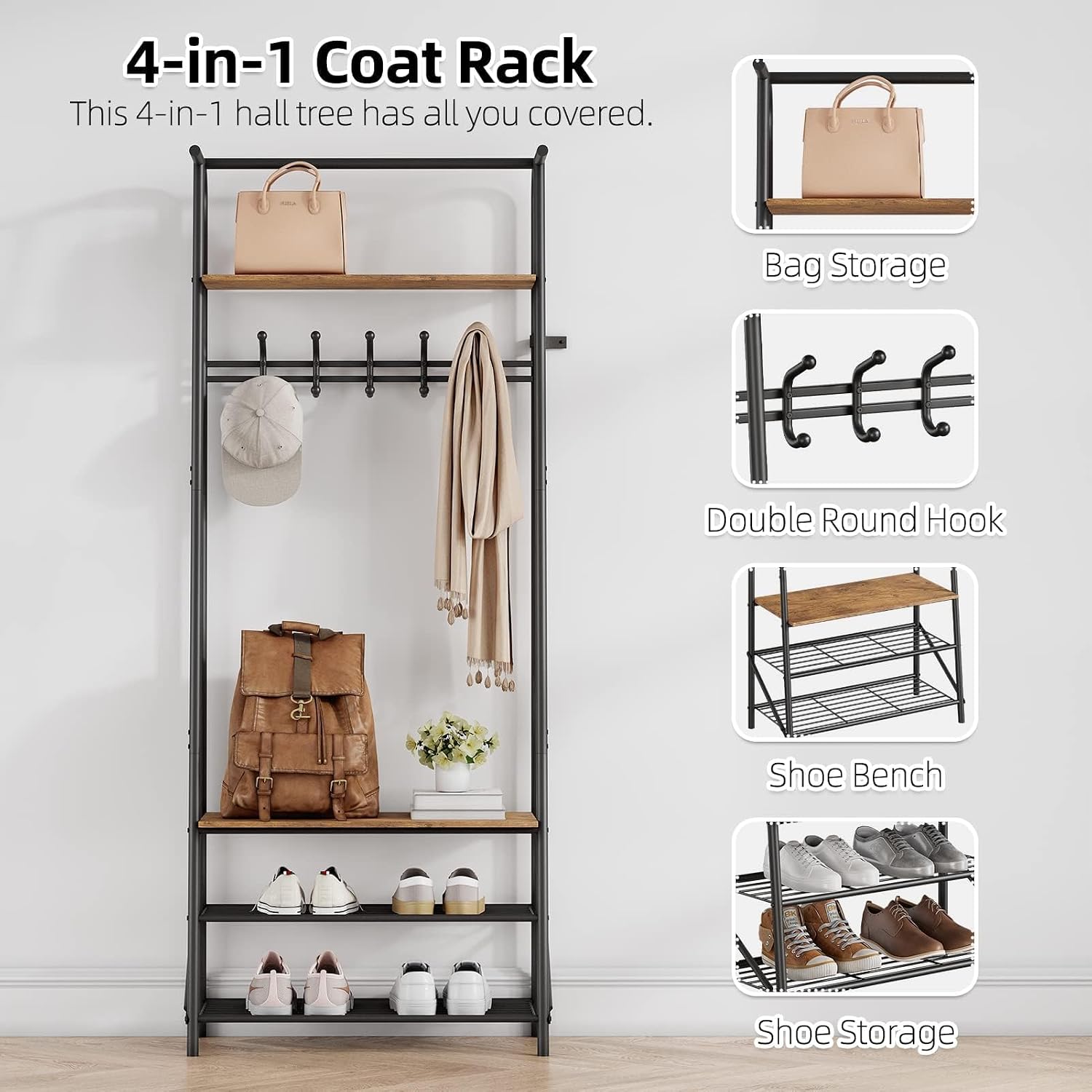 Garvee 4-in-1 Coat Rack with Bag Storage, Double Round Hooks, Shoe Bench, and Shoe Storage
