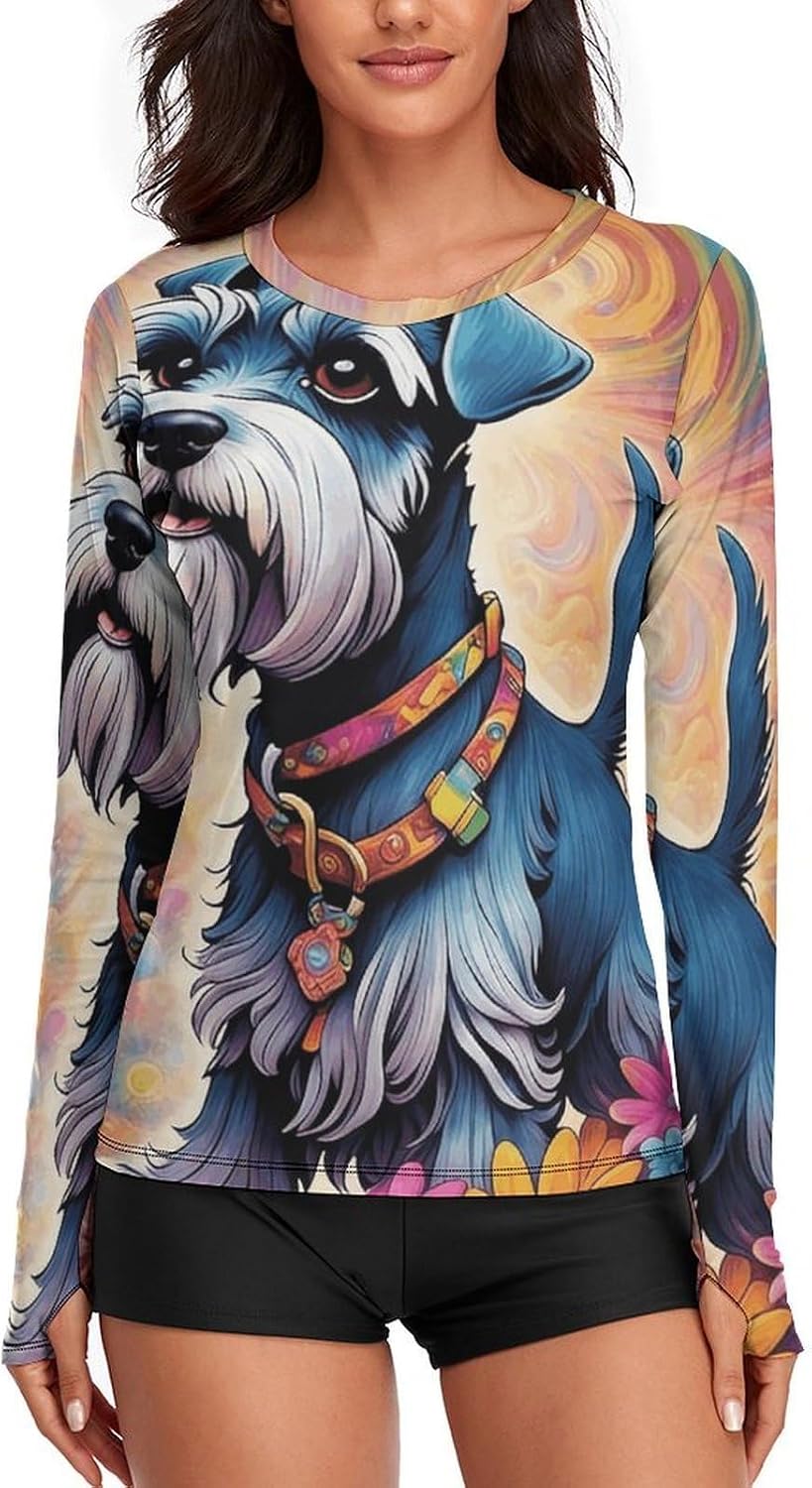 Fantasy-Style Schnauzer Rash Guard for Women UPF 50+ UV Sun Protection | Long Sleeve Workout Top Quick Dry Athletic Hiking Shirt Moisture Wicking Swim Shirt for Running, Cycling, Swimming