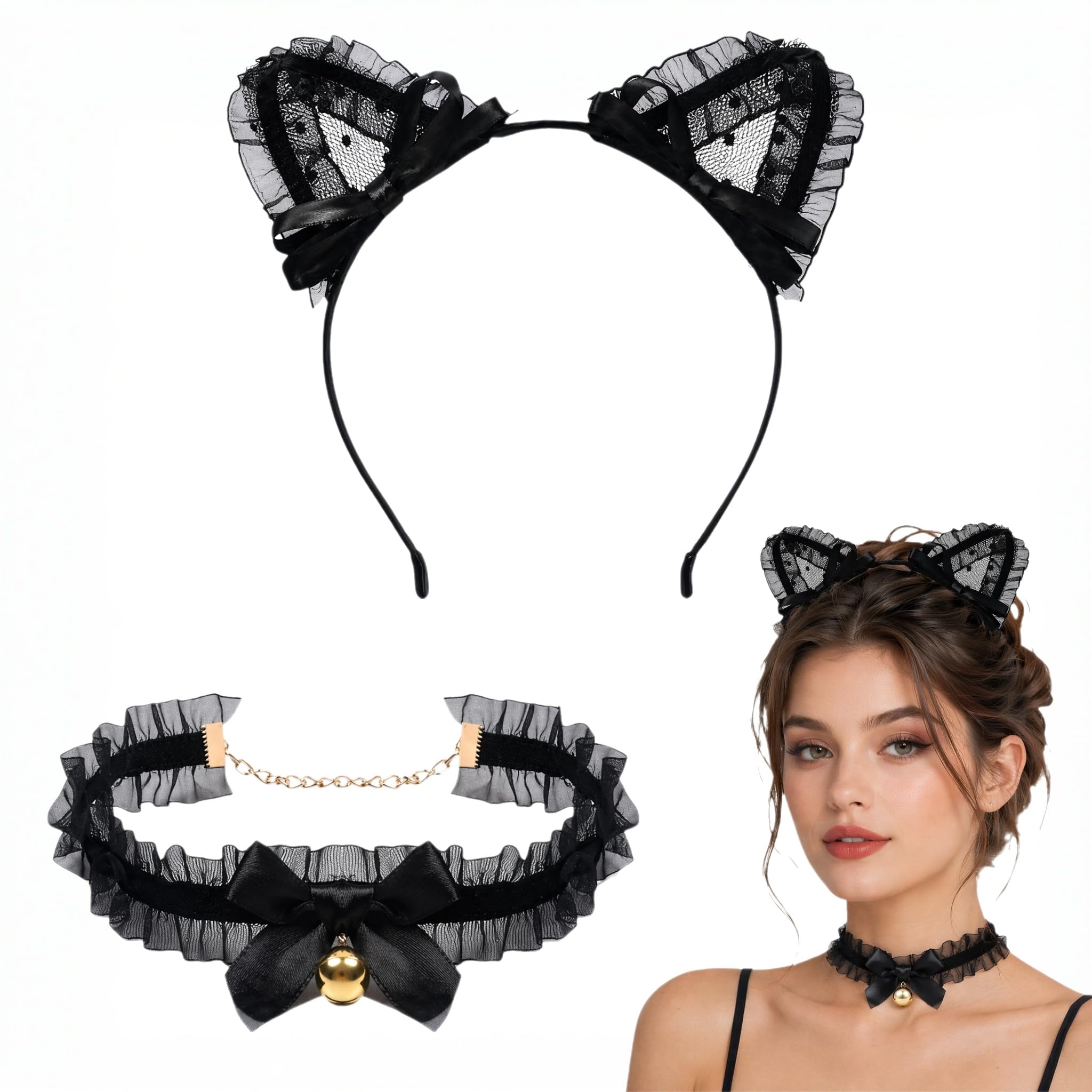 YCDKK Black Cat Ears Headband Costume, 2 Pcs Animal Costume Accessories Set Include Cat Ear Headband and Bell Lace Choker, for Cosplay, Halloween, Fancy Dress, Masquerade & Party Costumes