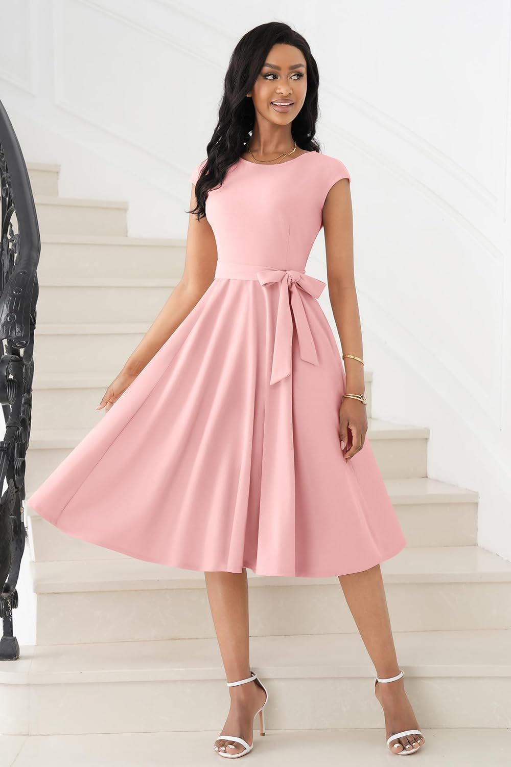 Nmoder Cocktail Summer Elegant Fit and Flare Dresses for Women Vintage Tea Party Cap Sleeve Dresses with Belt & Pockets Pink 2XL - Image 2