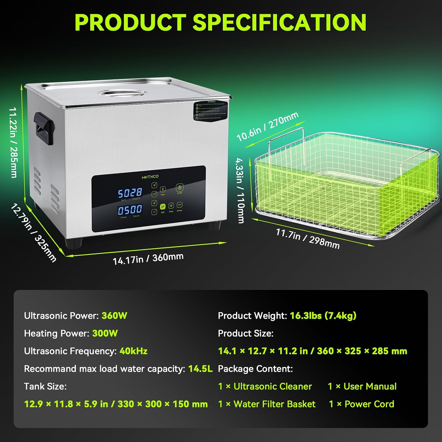 Ultrasonic Cleaner, One-Touch Cleaning,Heating, Deep Mode, ECO Energy-Saving Ultrasonic Cleaning Machine Excellent for Labs,Carburetor,Jewelry,Dentures,Automotive & Industrial Parts. (15L)