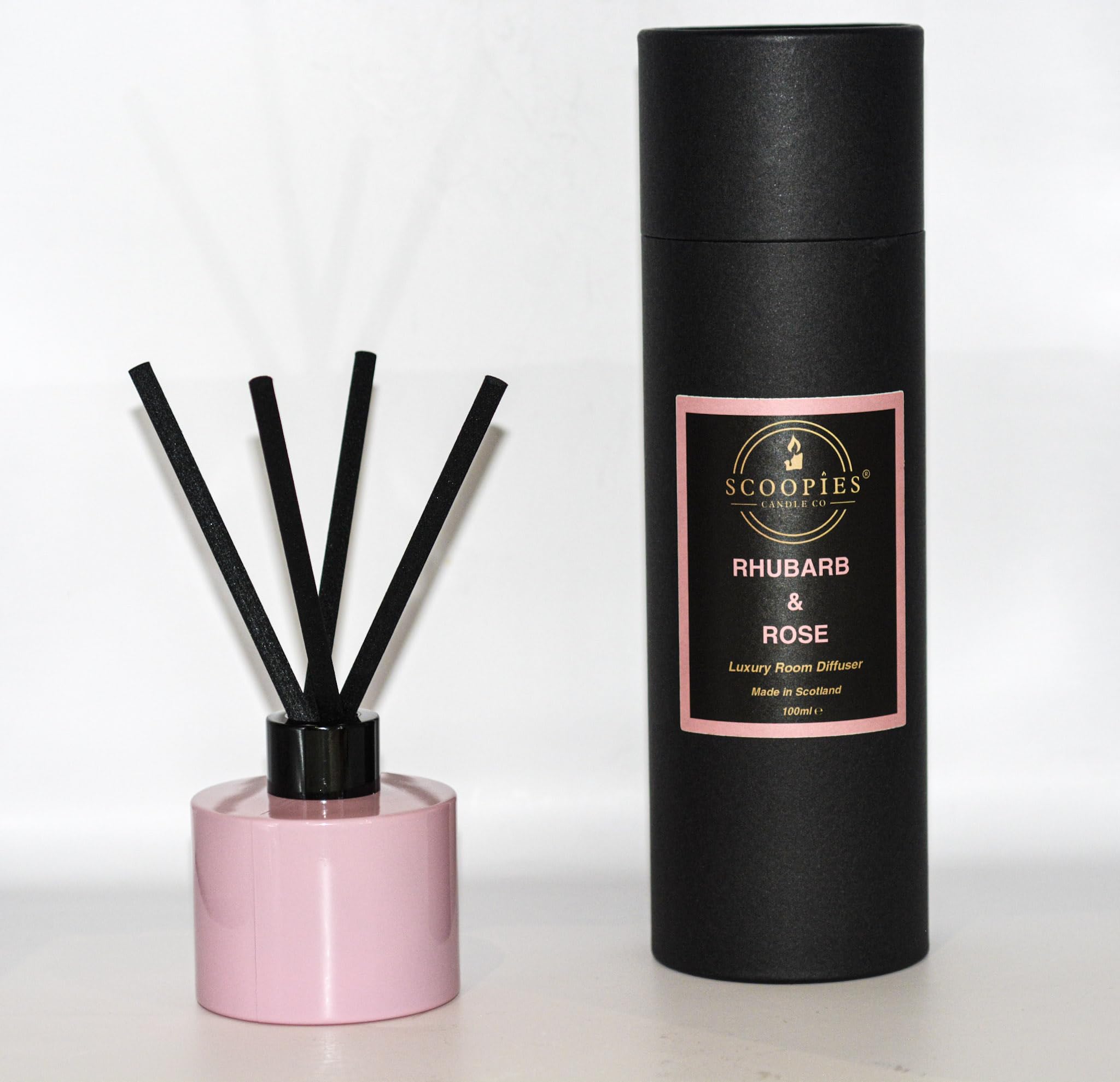 Scoopies Candle Co Luxury Scented Reed Room Diffuser, 100ml, Handmade in Scotland, Vegan (RHUBARB & ROSE)
