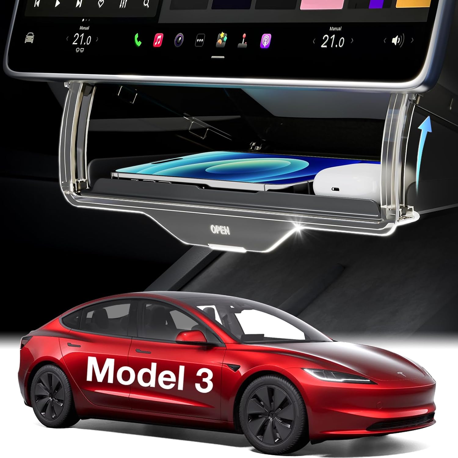 Under Screen Center Console Organizer for Tesla Model 3