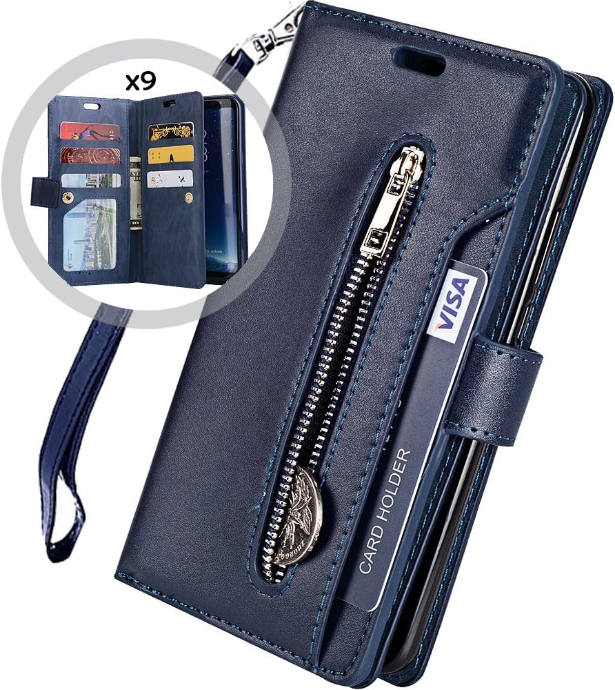 Auker Galaxy S9 Plus Wallet Case for Women/Men, Trifold 9 Card Holder Kickstand Feature Folio Flip Book Leather Zipper Wallet Magnetic Purse Cover with Strap&Money Pocket for Samsung S9 Plus Navy