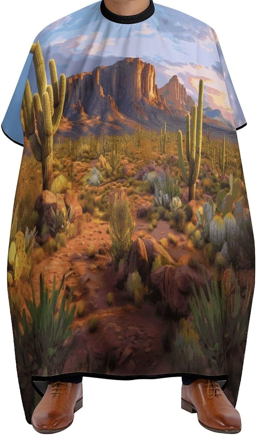 Cactus Landscape Apron for Women Men,Barber Cape with Adjustable Snap Closure,Hair Cutting Cape,66.9 X 56.7 Inches for Hair Dye, Comb-out, Styling, Shampoo