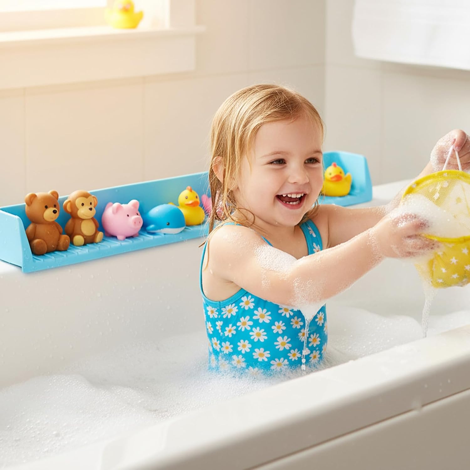 Silicone Bathtub Kids Splash Guard – Extra Long 2.6FT Play Shelf with 11 Strong Suction Cups, Toddler Bath Toy Tray & Caddy Holder, Water Spill Barrier for Bathroom, No Mess Fun Time – Blue