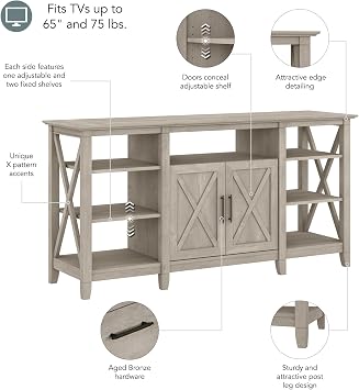 Bush Home Key West Tall TV Stand for 65 Inch TV in Washed Gray, Farmhouse Entertainment Center with Storage