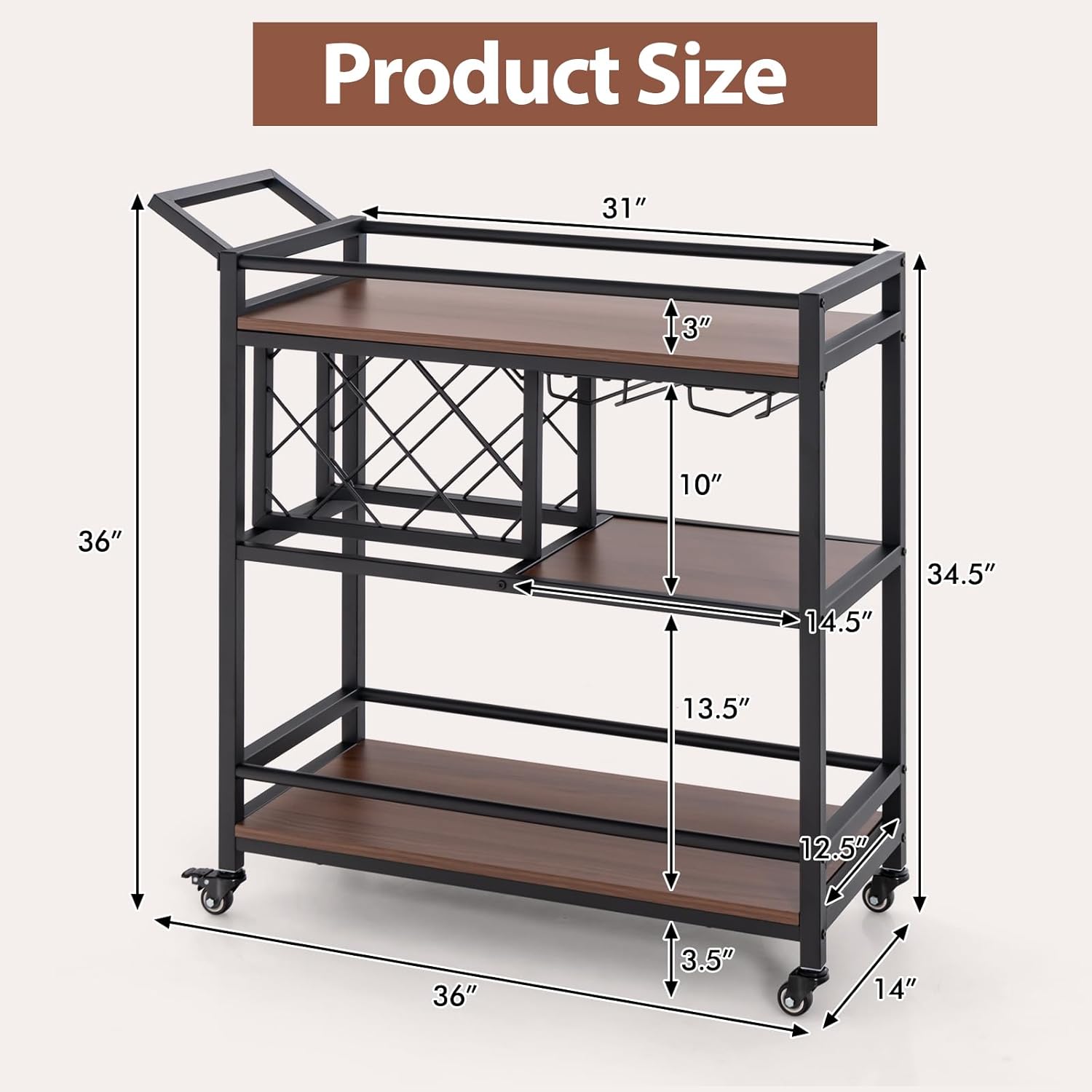 LOKO Industrial 3-Tier Bar Cart, Mobile Kitchen Serving Cart with Wine Rack and Glass Holder, Rolling Serving Cart on Wheels for Home, Kitchen, Dining Room, Living Room (Walnut & Black)