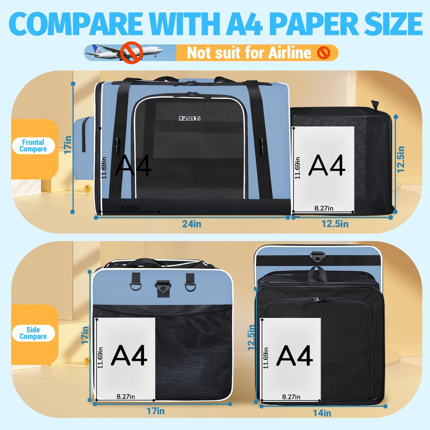 24"x17"x17" Petskd Side Expandable Extra Large Cat Carrier with Litter Box Area for Car Travel, Collapsible Soft Large Pet Carrier or 2 Cats Under 55LBS with Seat Belt Buckles(Blue)