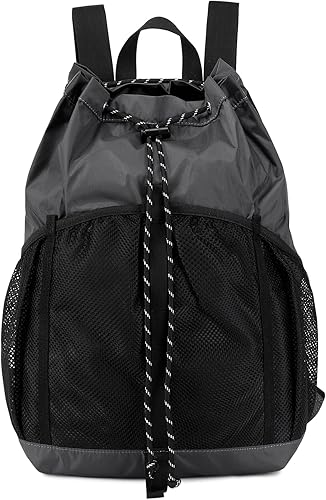 Lohol Mochila ligera de nailon con cordón y bolsillos de malla, bolsa de cuerda resistente al agua para deportes, playa, natación, campamento, Gris