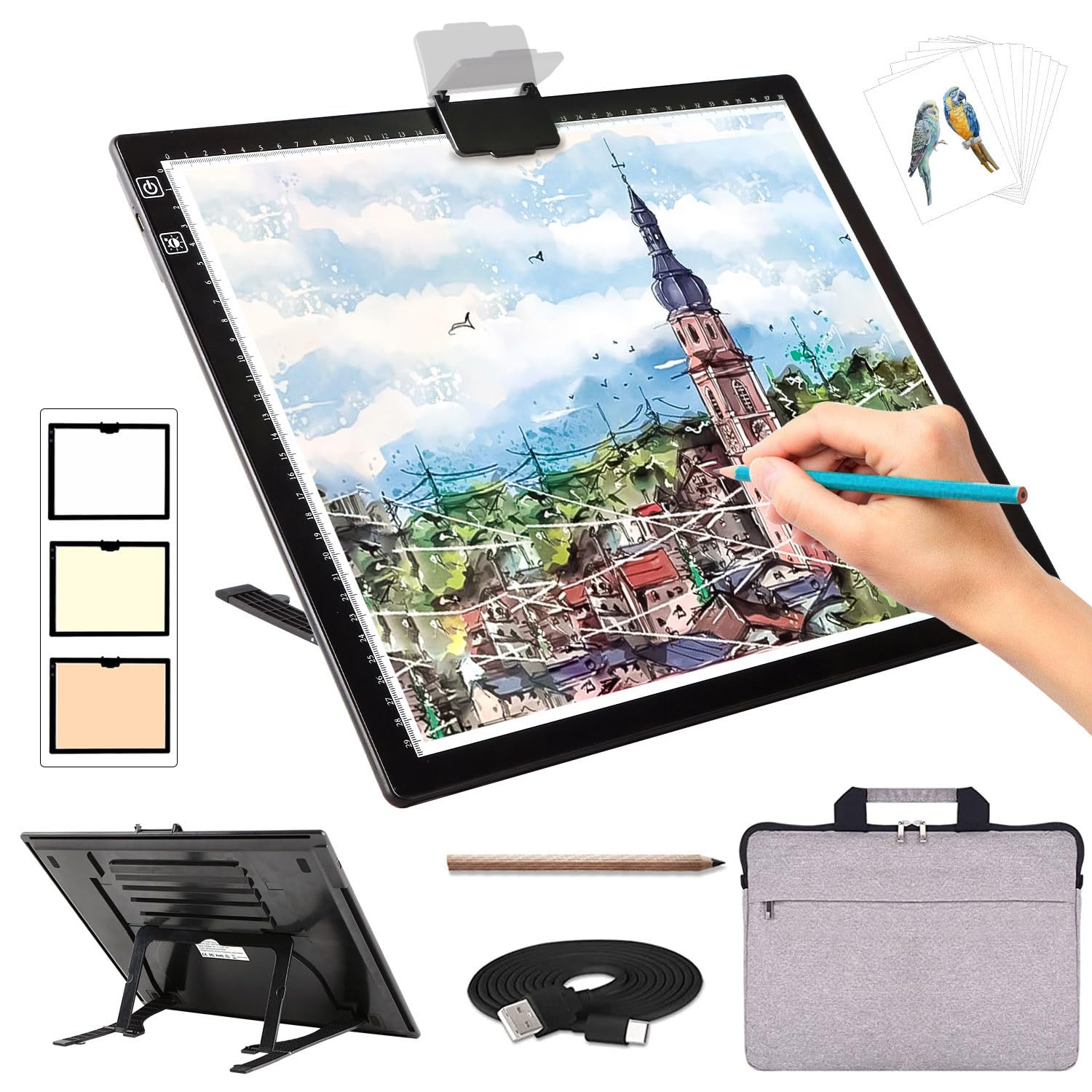 Zocelight A3 Leuchttisch mit Tasche für Diamantmalerei,Leuchtkasten mit Ständer und Clip,3 Farben, stufenlos dimmbar und 6 Helligkeitsstufen, Lichtplatte für Zeichnen, Skizzieren, Animation(Schwarz)
