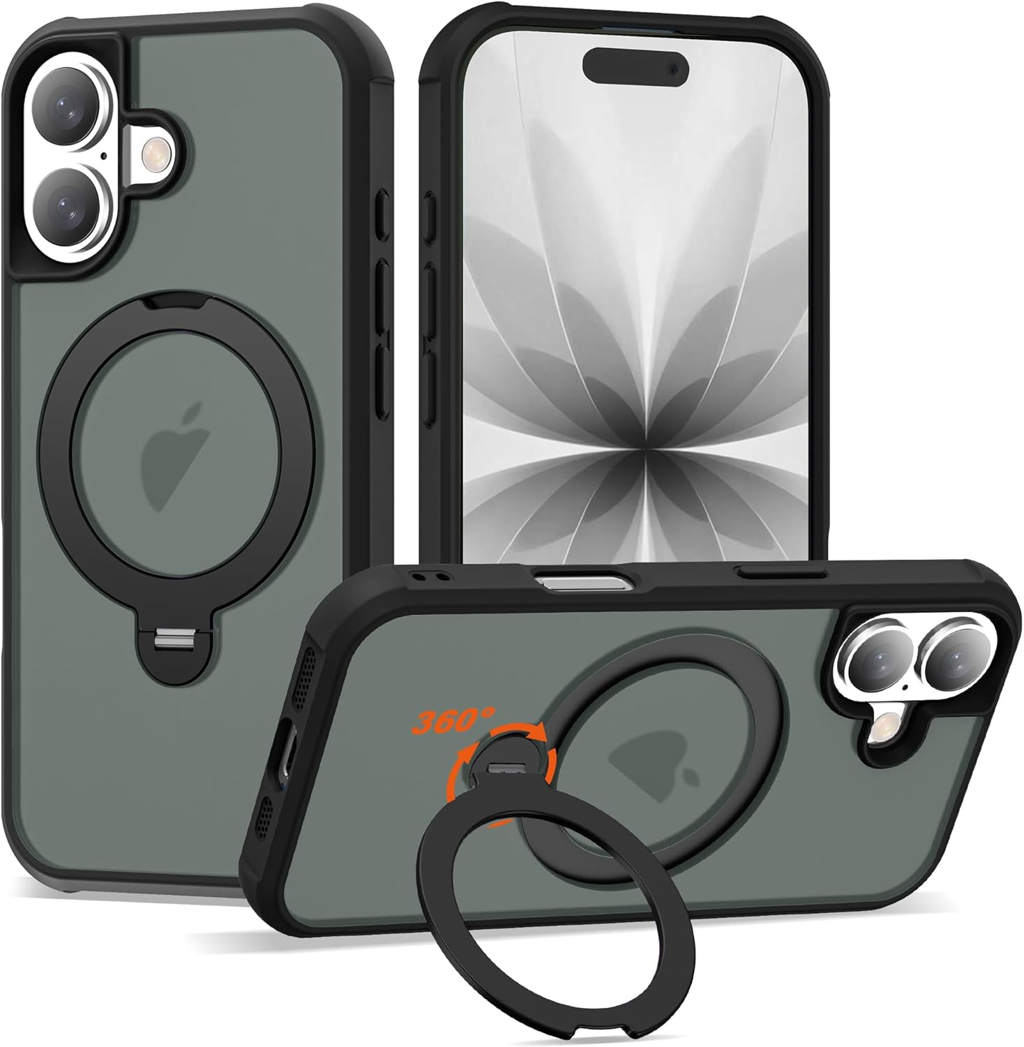 Compatible with iPhone 17 Case with Invisible Magnetic 360°Spin Stand,Military-Grade Shockproof Protection [Compatible with Mag-Safe] Non-Slip Edge Translucent Case (6.3",Black)